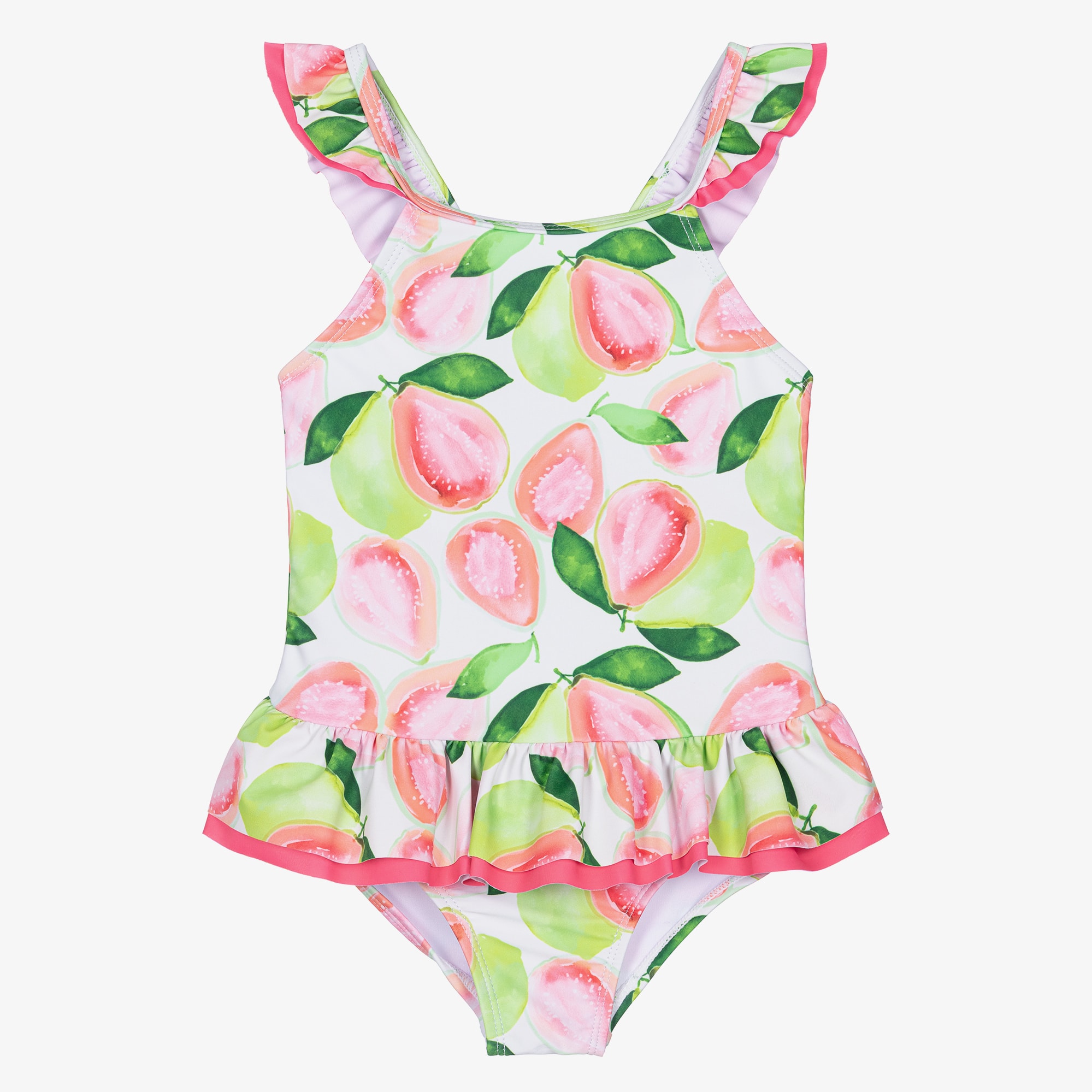 Girls Green & Pink Guava Print Ruffle Swimsuit (UPF50+) - View 1