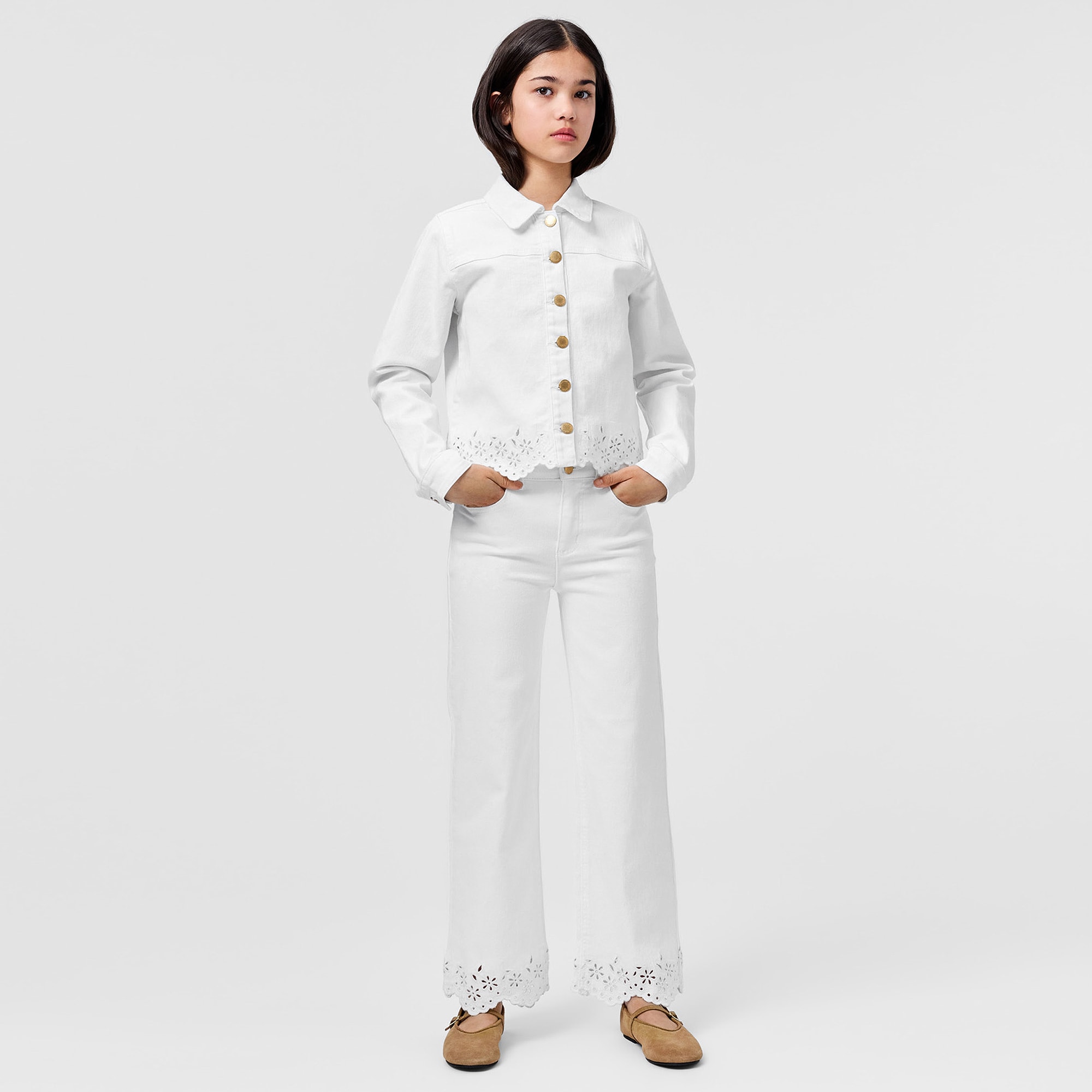 Girls White Denim Jeans with Broderie Anglaise Trims - View 2