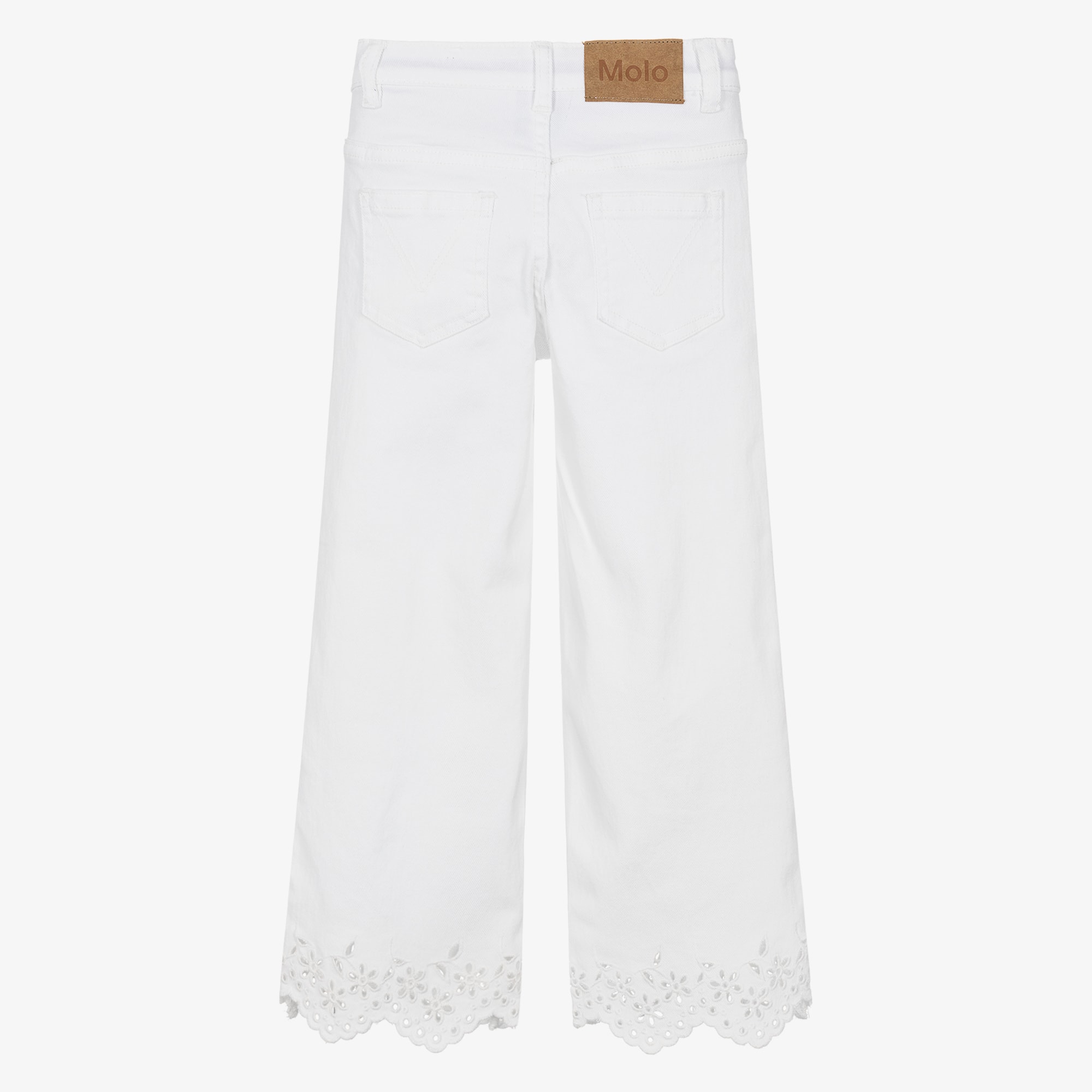 Girls White Denim Jeans with Broderie Anglaise Trims - View 3
