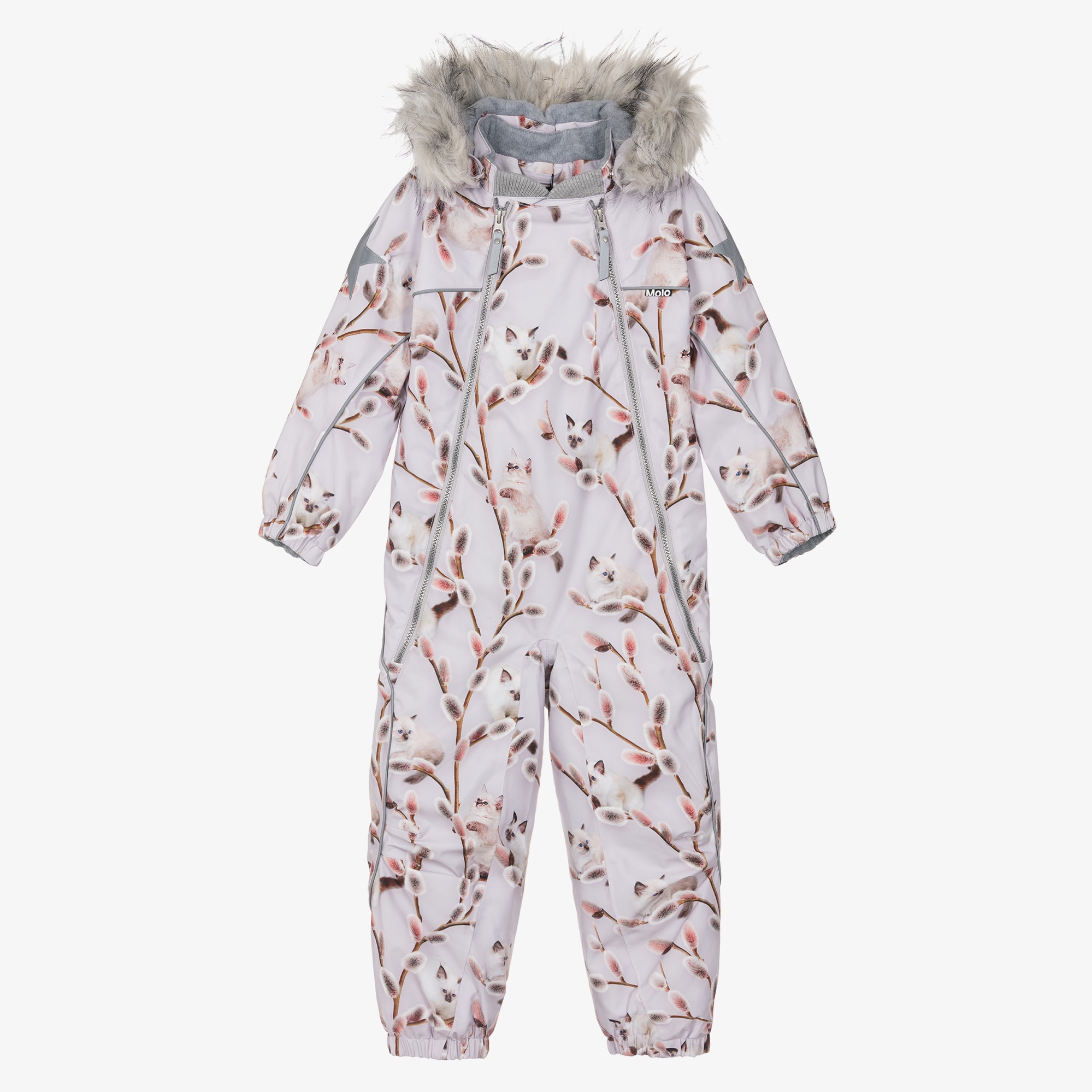 Lilac Purple Hooded Snowsuit with Kitten Print - View 1
