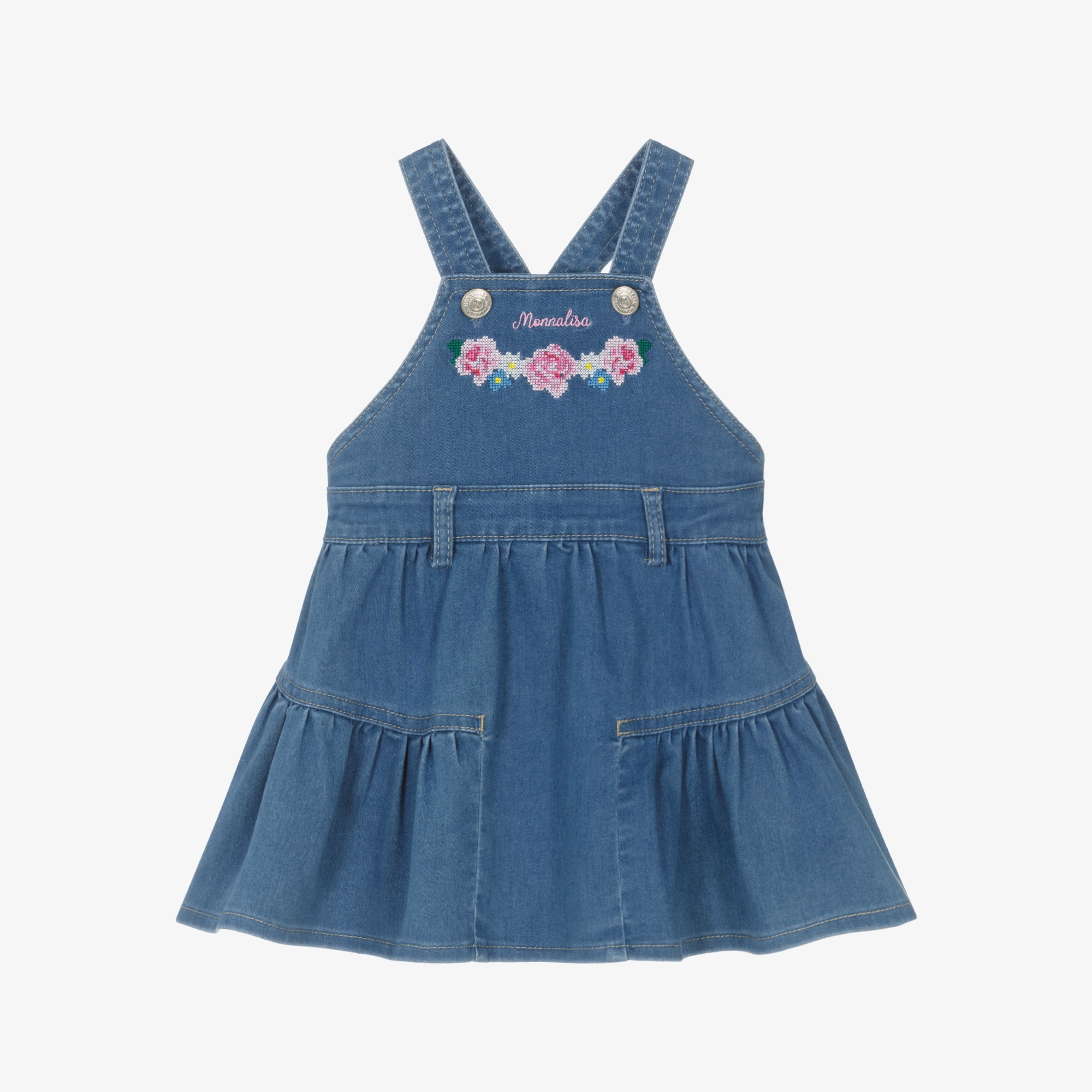 Girls Blue Denim Dress with Floral Cross Stitch Embroidery - View 1
