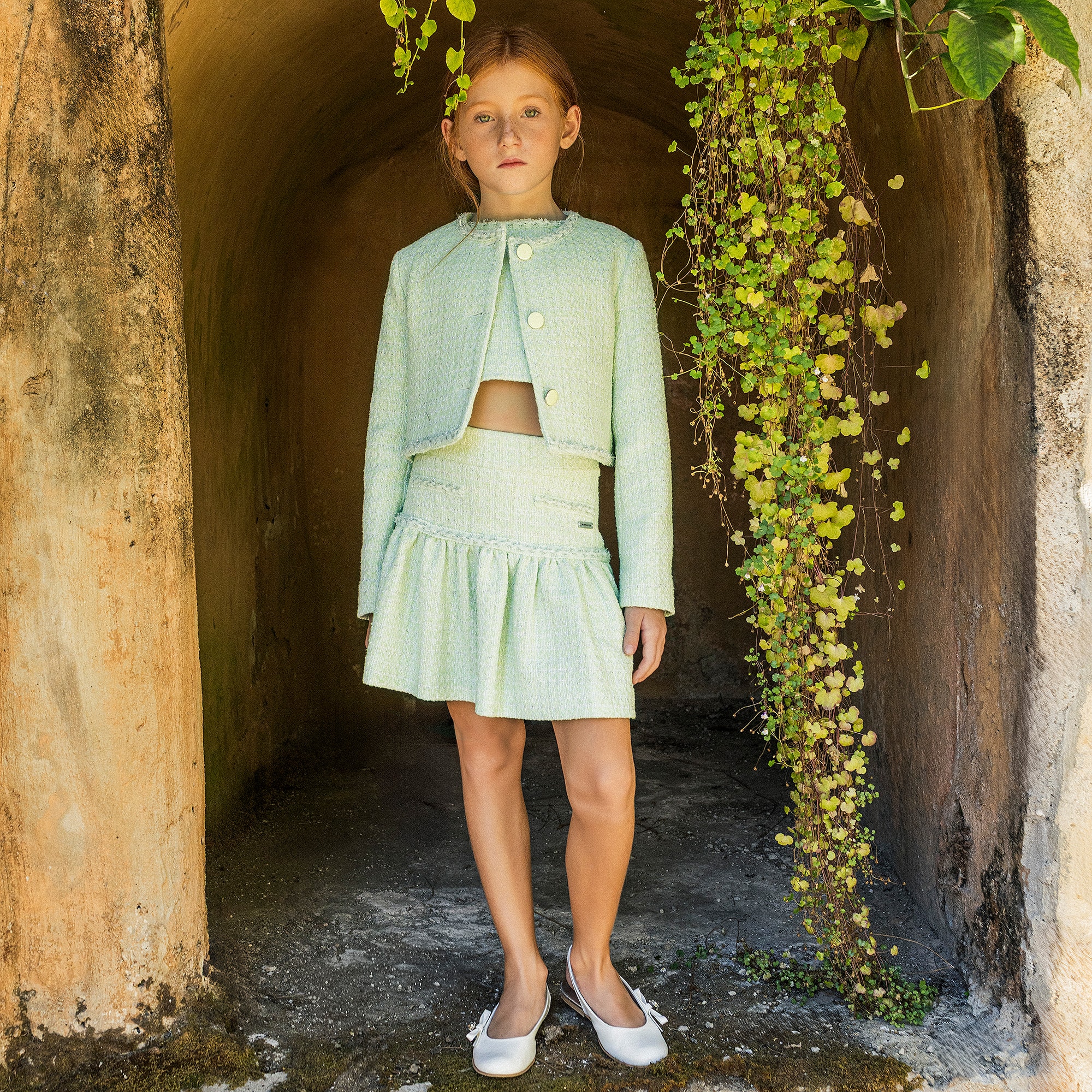 Girls Green & Silver Tweed Skirt - View 2