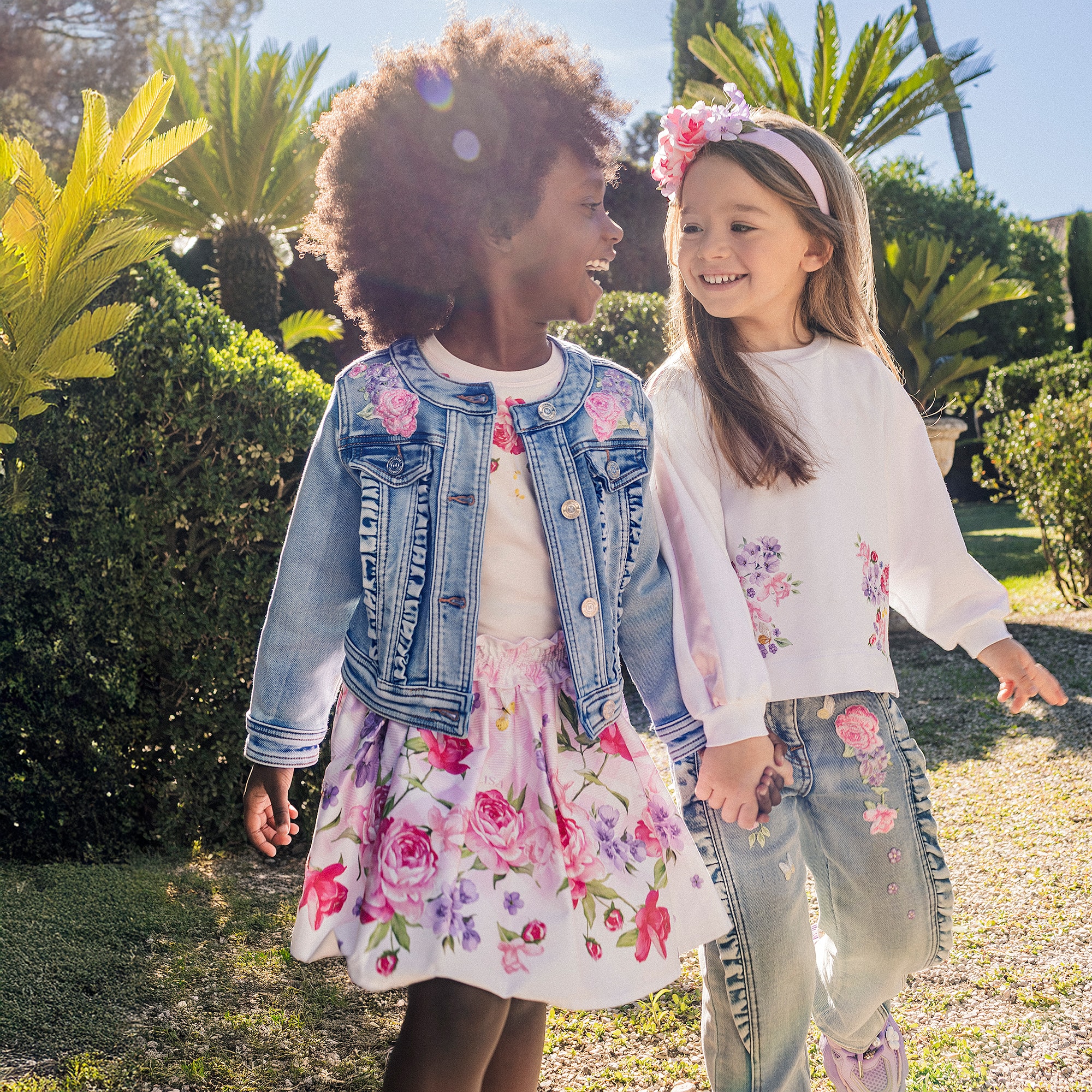 Girls Pink Check Cotton Skirt with Floral Print - View 2