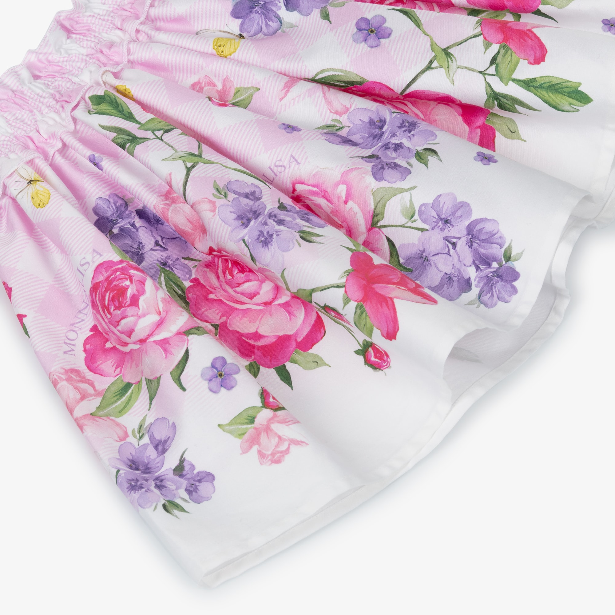 Girls Pink Check Cotton Skirt with Floral Print - View 4