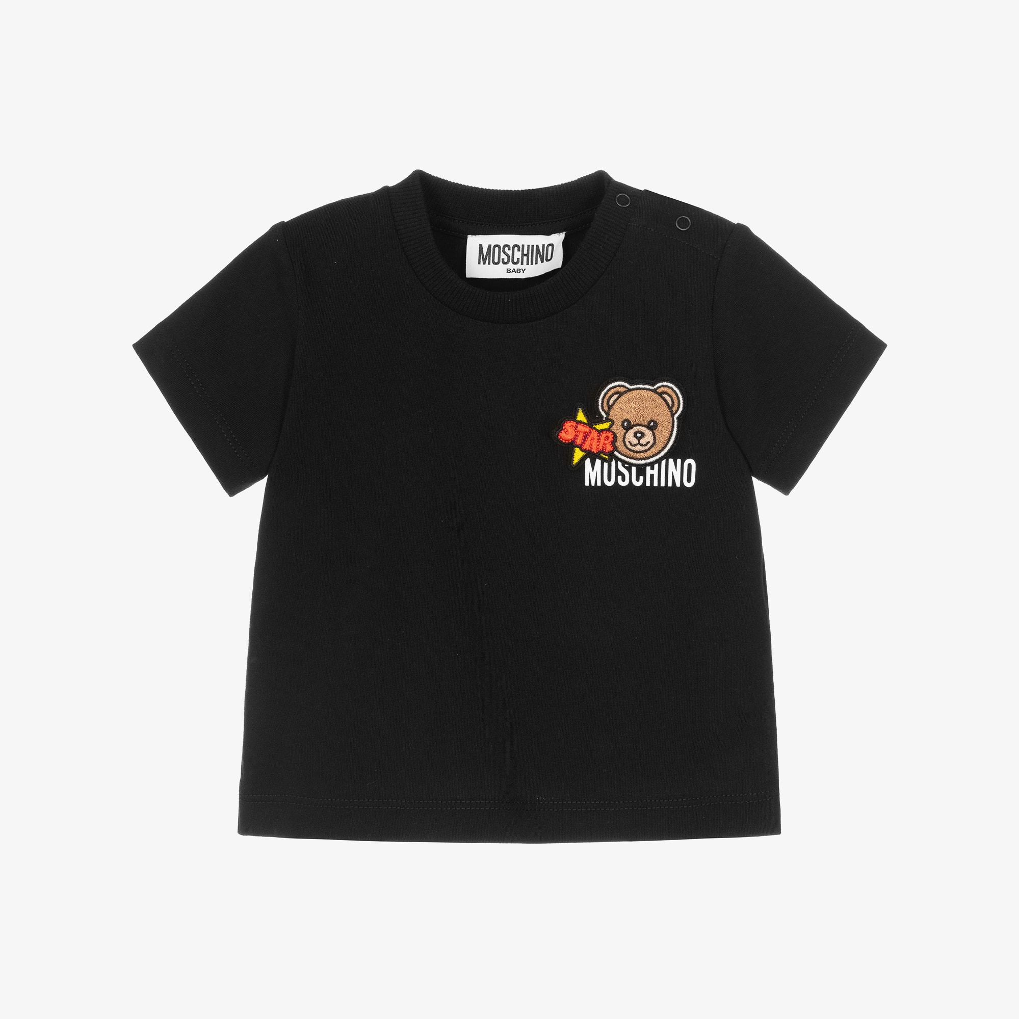 Black Cotton T-Shirt with Teddy Bear Logo Patch - View 1