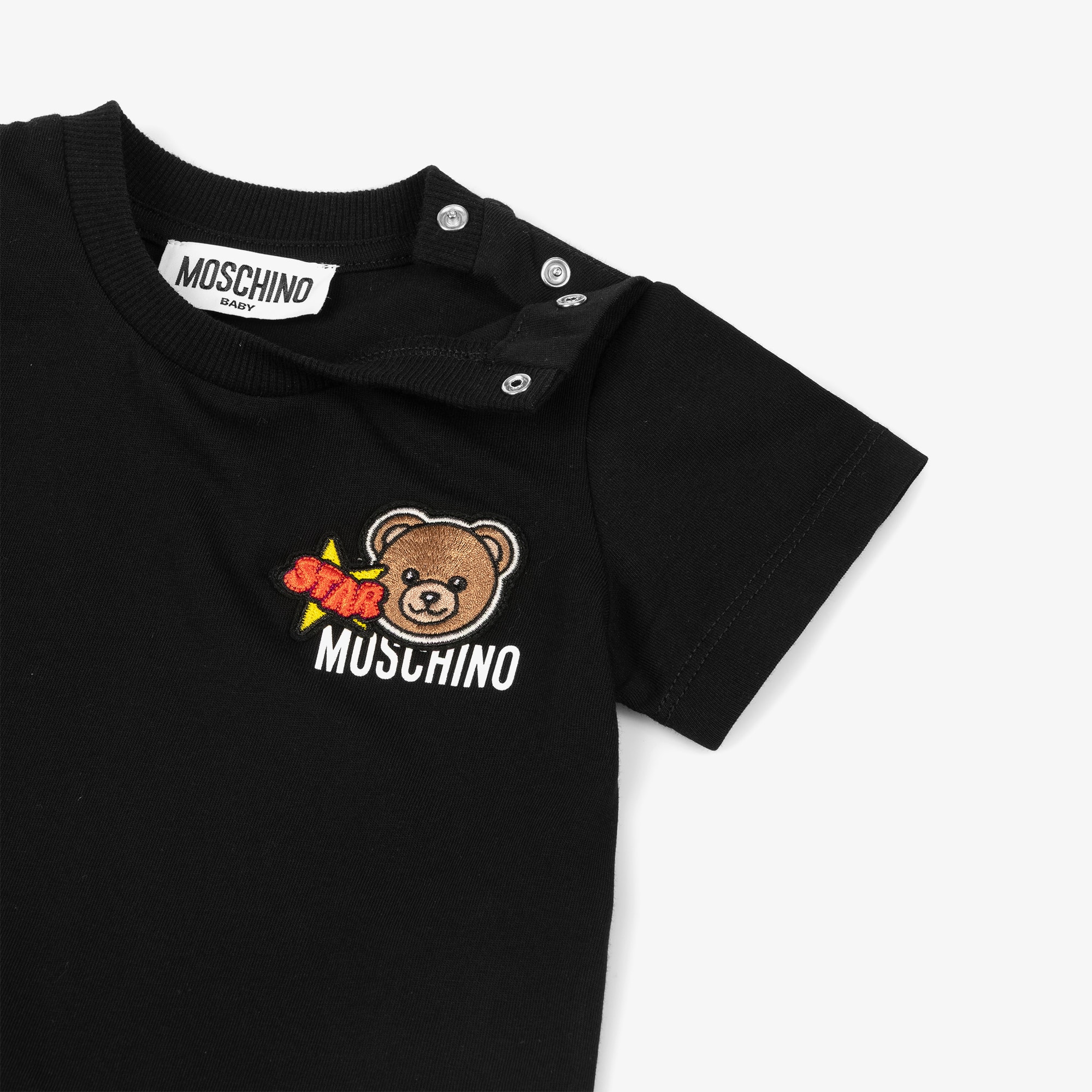 Black Cotton T-Shirt with Teddy Bear Logo Patch - View 3