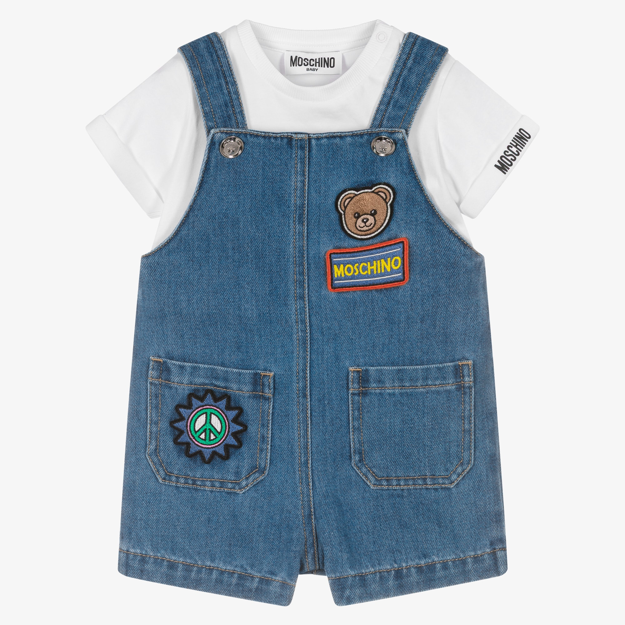 Boys Blue Denim Dungaree Set with Patches - View 1