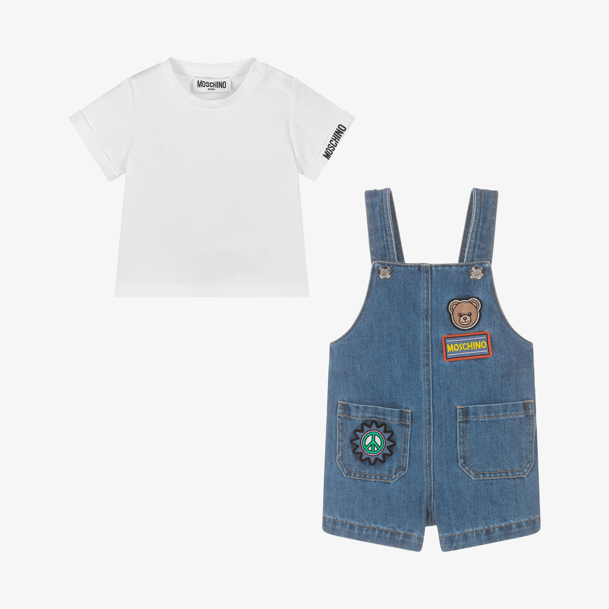 Boys Blue Denim Dungaree Set with Patches - View 2