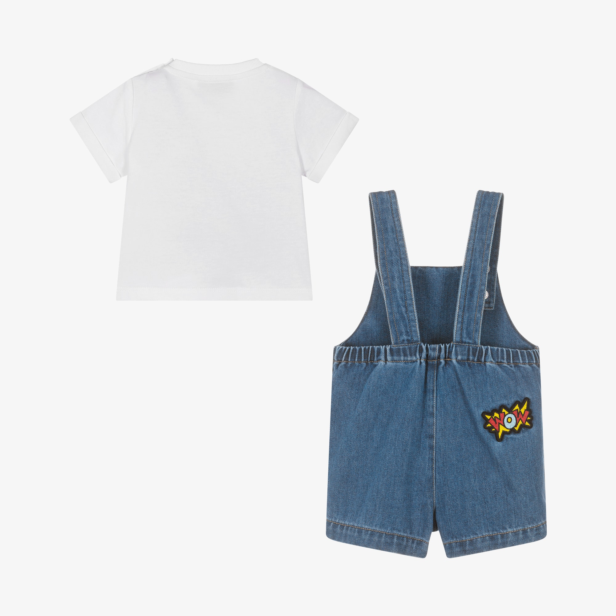 Boys Blue Denim Dungaree Set with Patches - View 3