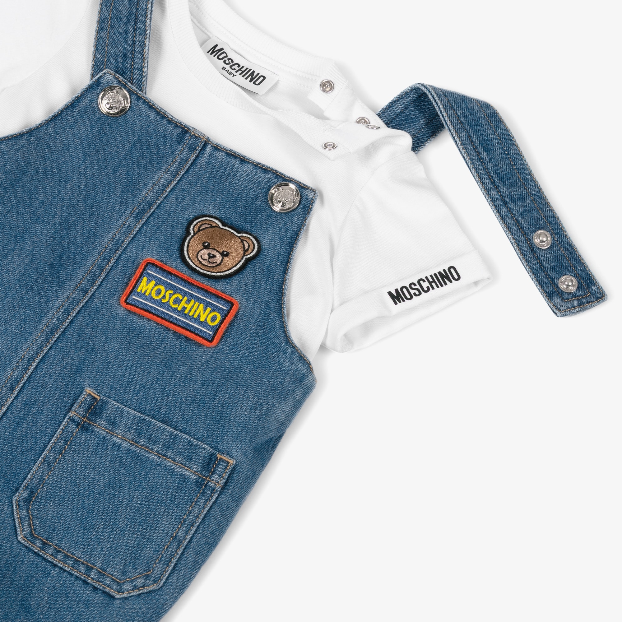 Boys Blue Denim Dungaree Set with Patches - View 4