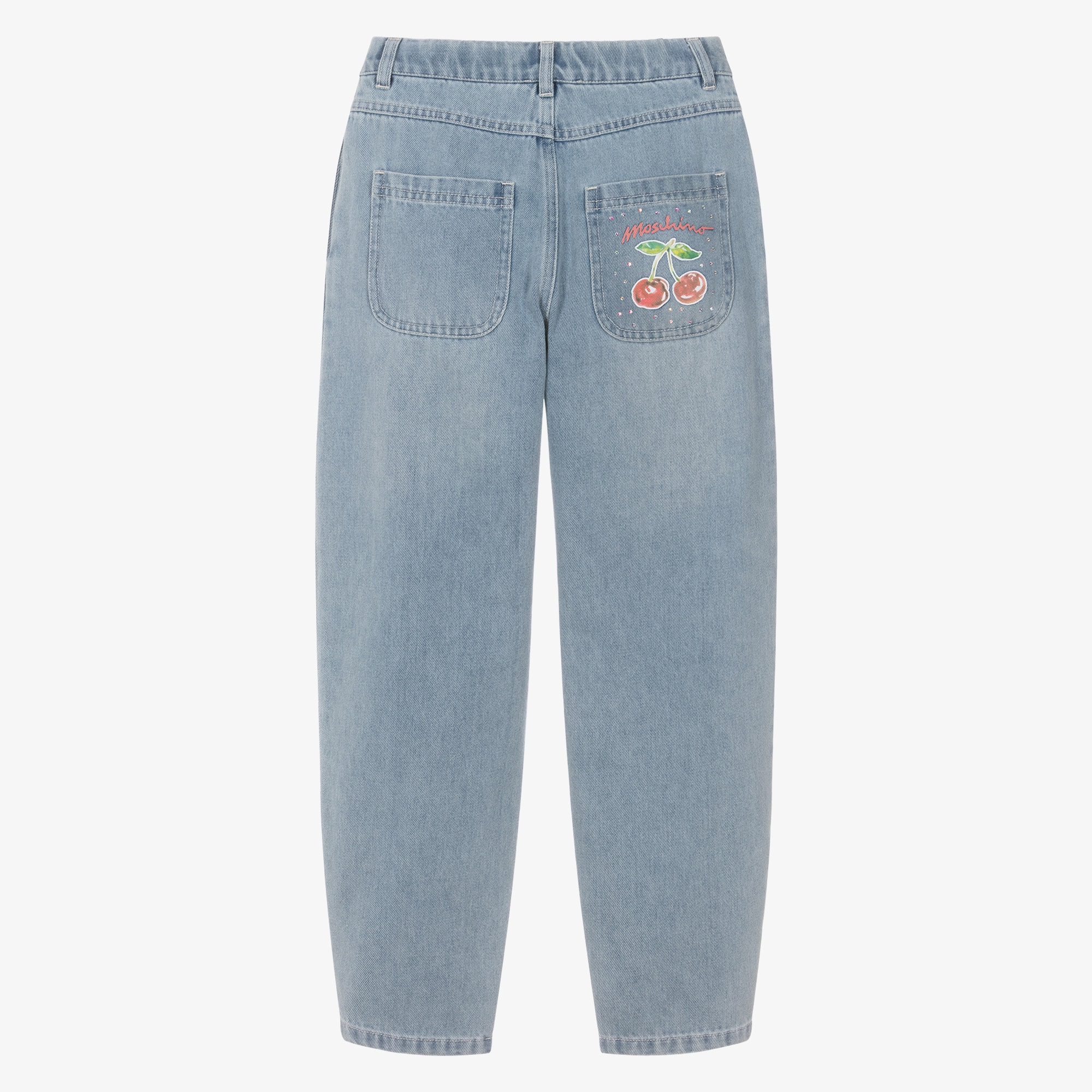 Girls Blue Denim Barrel Leg Jeans with Cherry Print - View 2