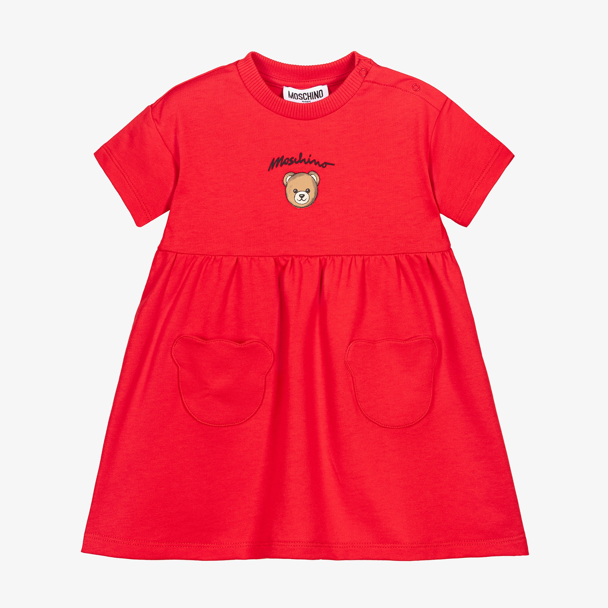 Girls Red Cotton Dress with Teddy Bear Pockets - View 1