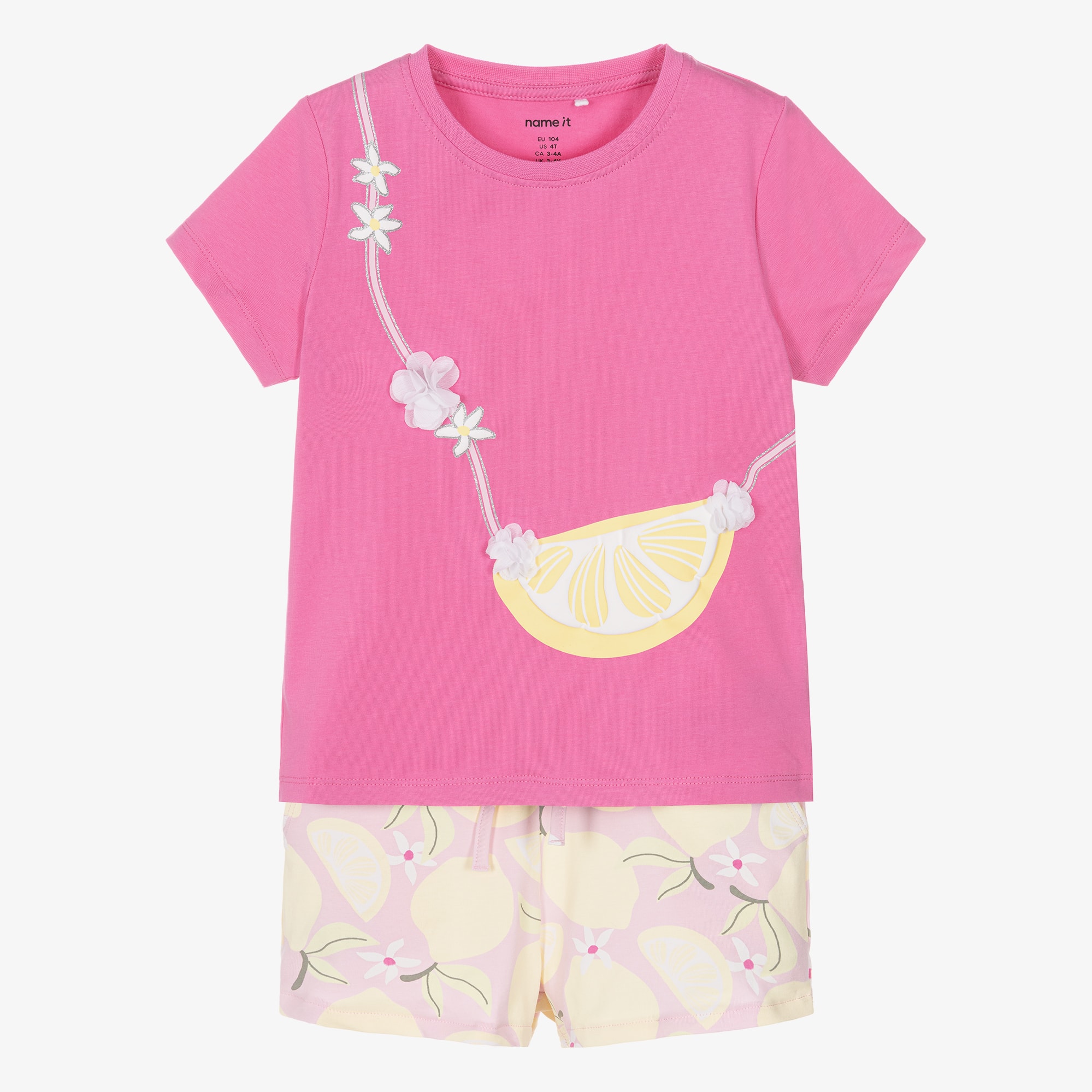 Girls Pink Organic Cotton Shorts Set with Lemon Print - View 1