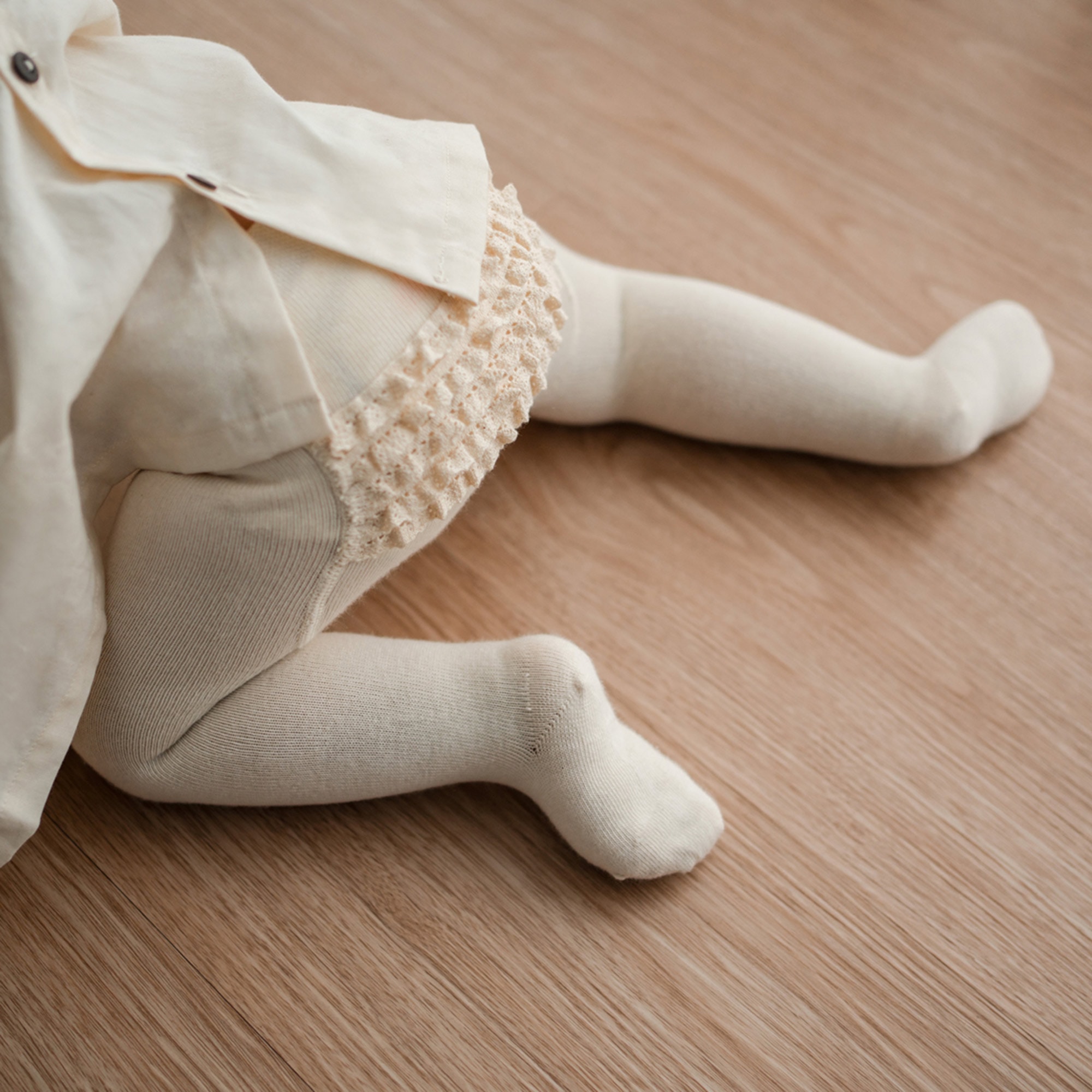 Baby Girls Ivory Cotton Tights with Lacy Ruffles - View 2