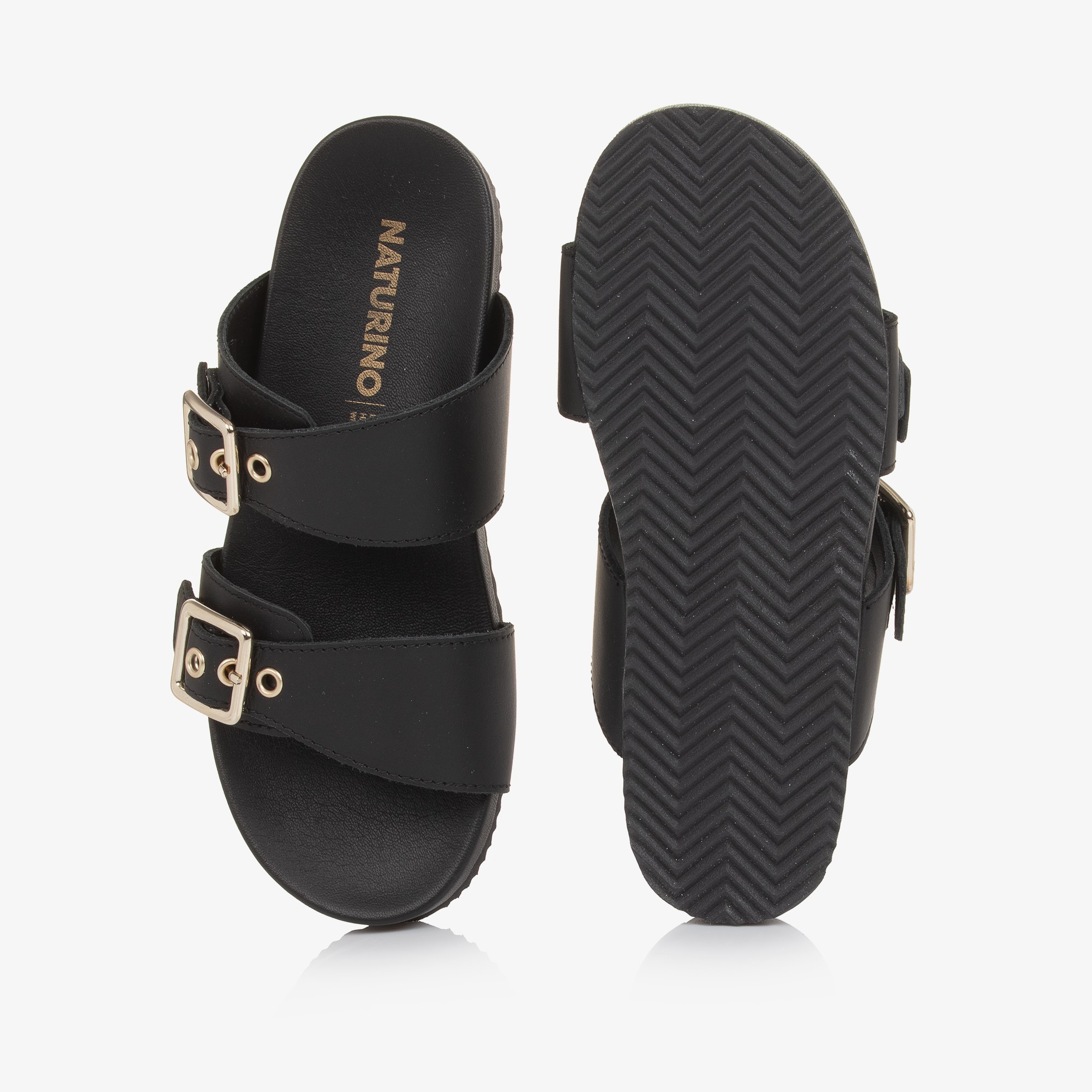 Girls Black Leather Sliders with Gold Buckles - View 3