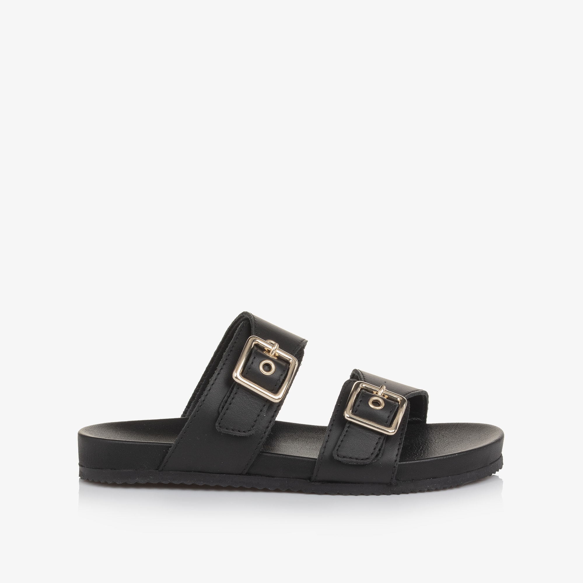 Girls Black Leather Sliders with Gold Buckles - View 4