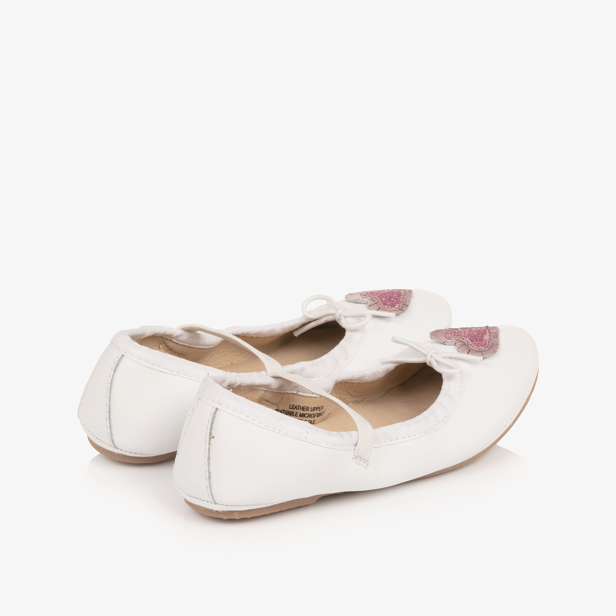 Girls White Leather Ballerinas with Glittery Heart - View 2