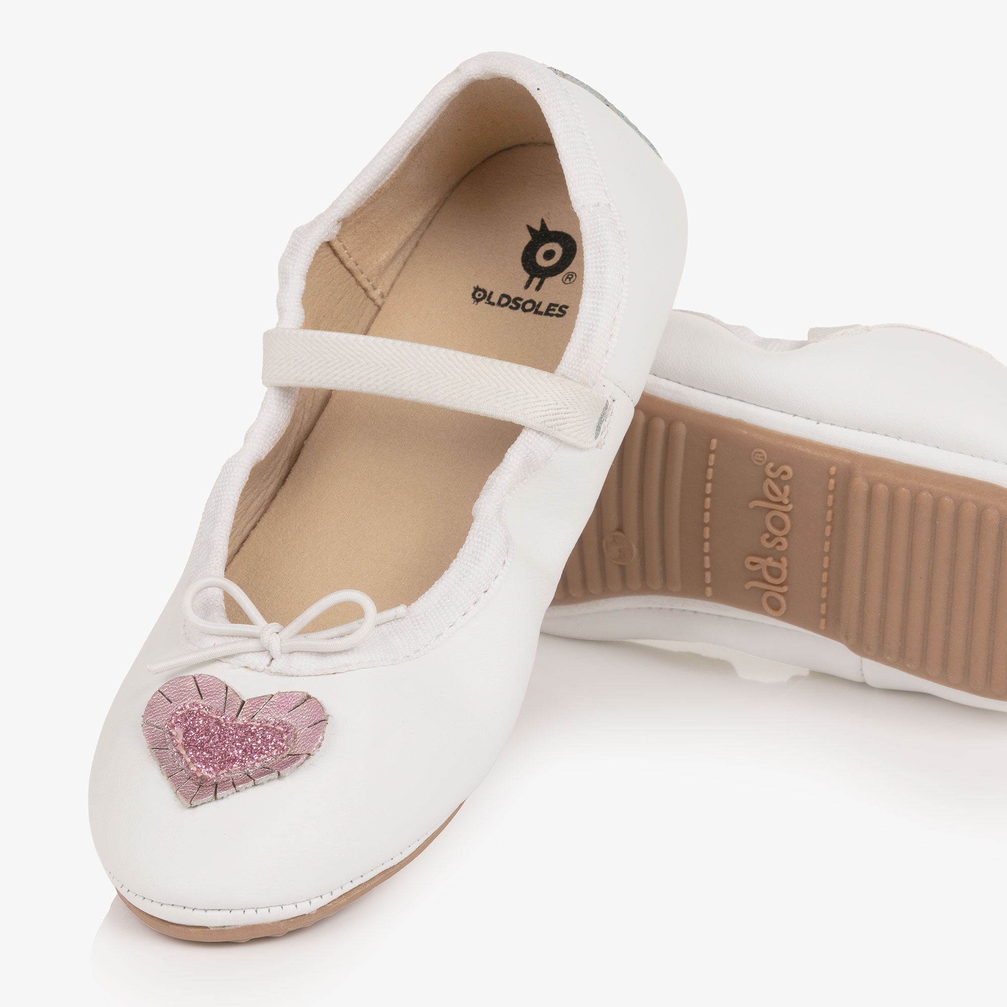 Girls White Leather Ballerinas with Glittery Heart - View 5