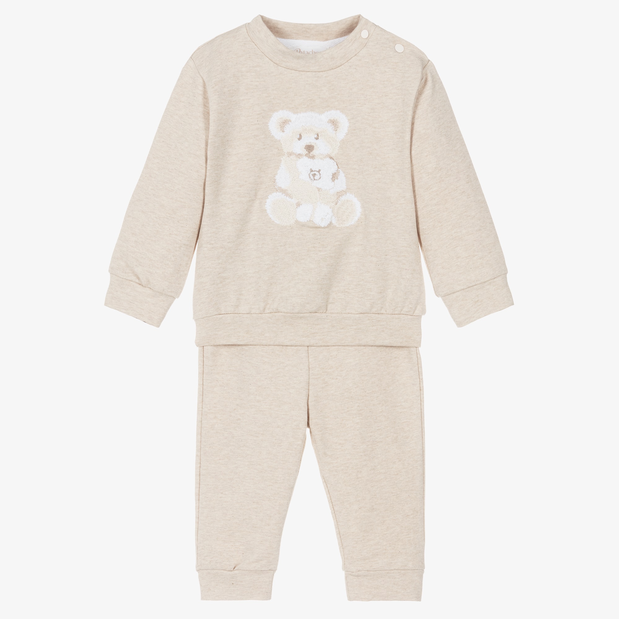 Baby Boys Beige Marl Cotton Teddy Bear Tracksuit - View 1