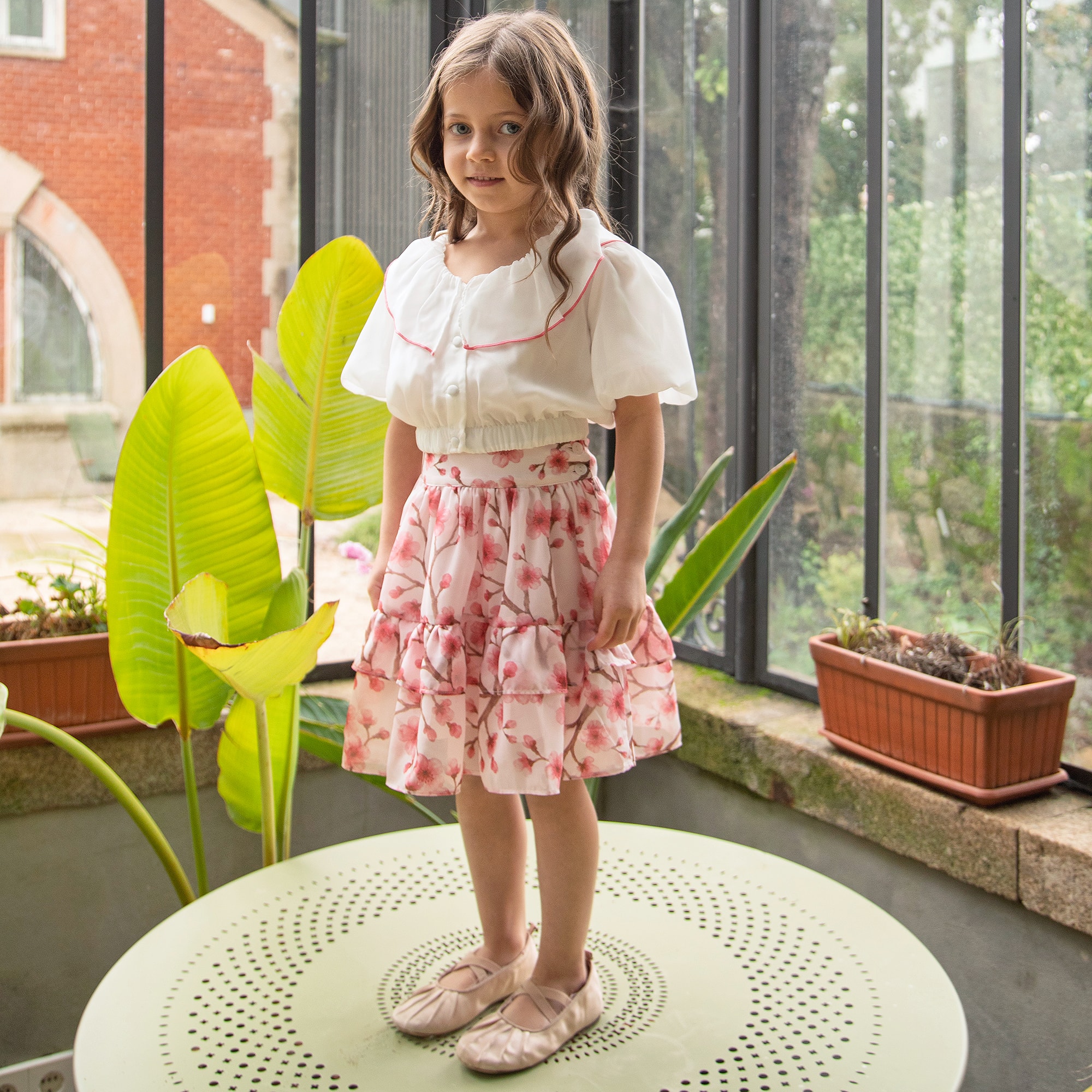 Girls White & Pink Cherry Blossom Chiffon Skirt Set - View 2