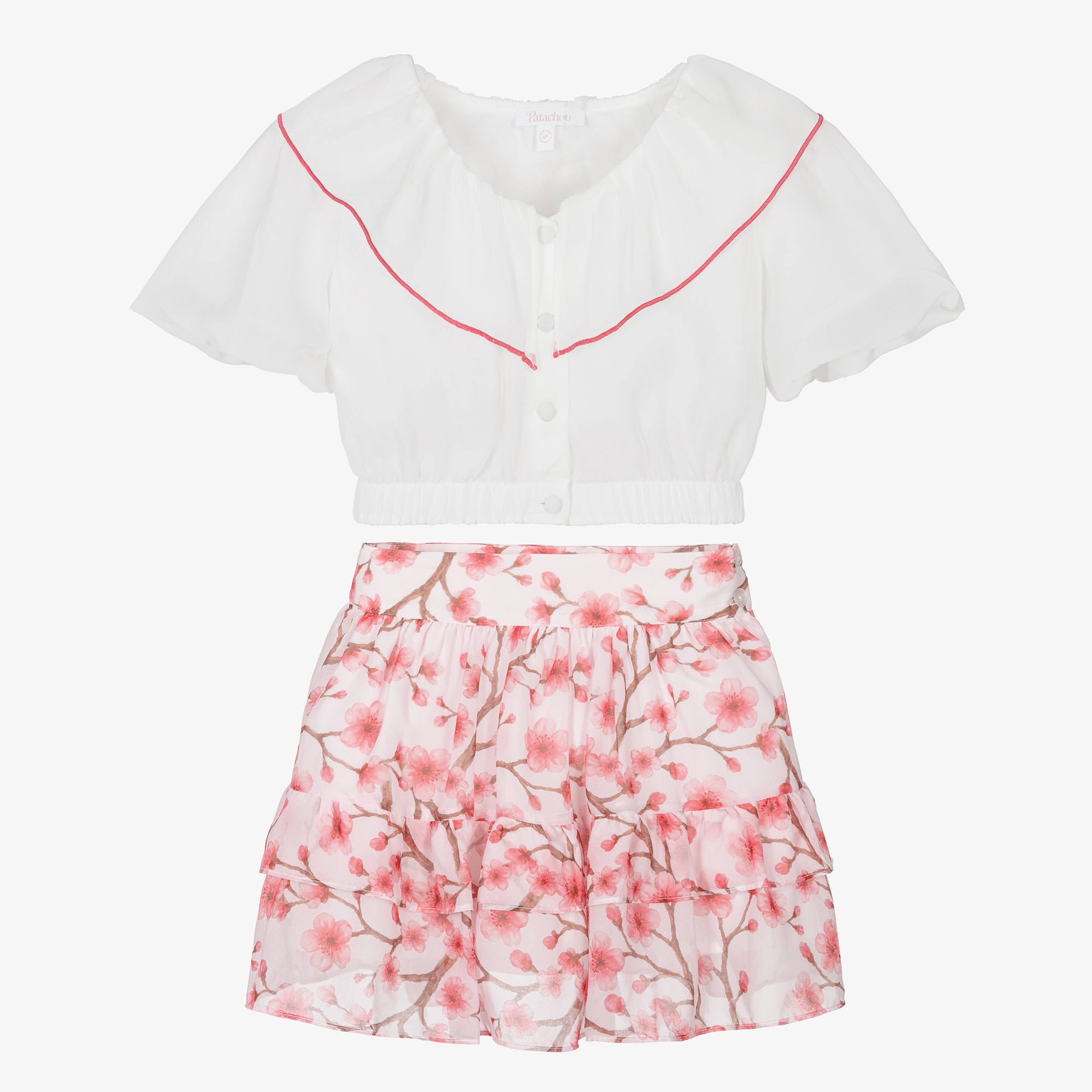 Girls White & Pink Cherry Blossom Chiffon Skirt Set - View 3