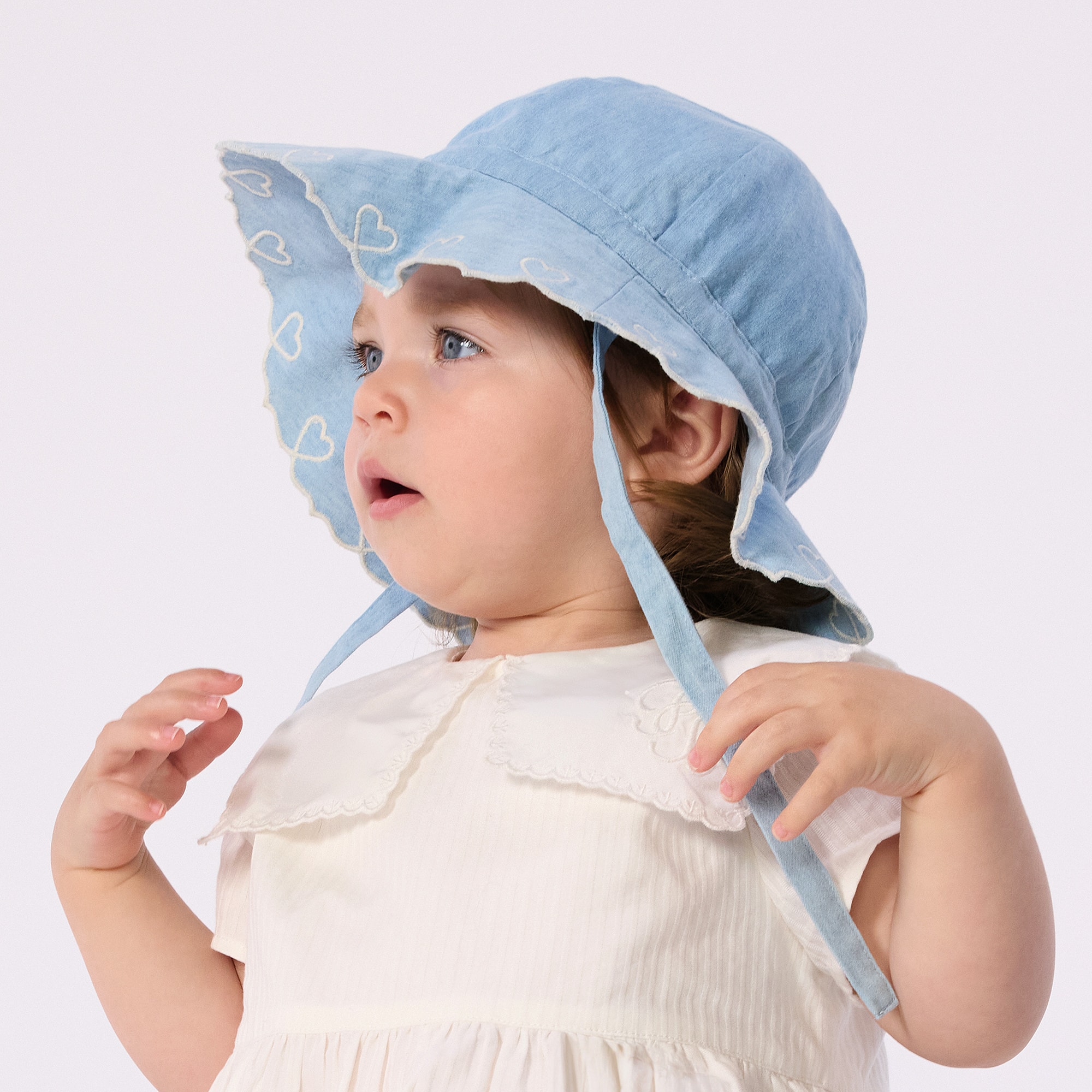Baby Girls Light Blue Cotton Chambray Sun Hat - View 2