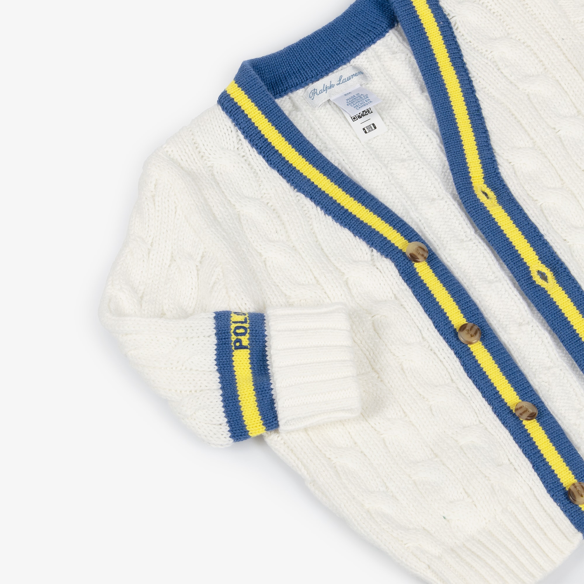 Baby Boys Ivory Cotton Cable Knit Cardigan with Blue Trim - View 3