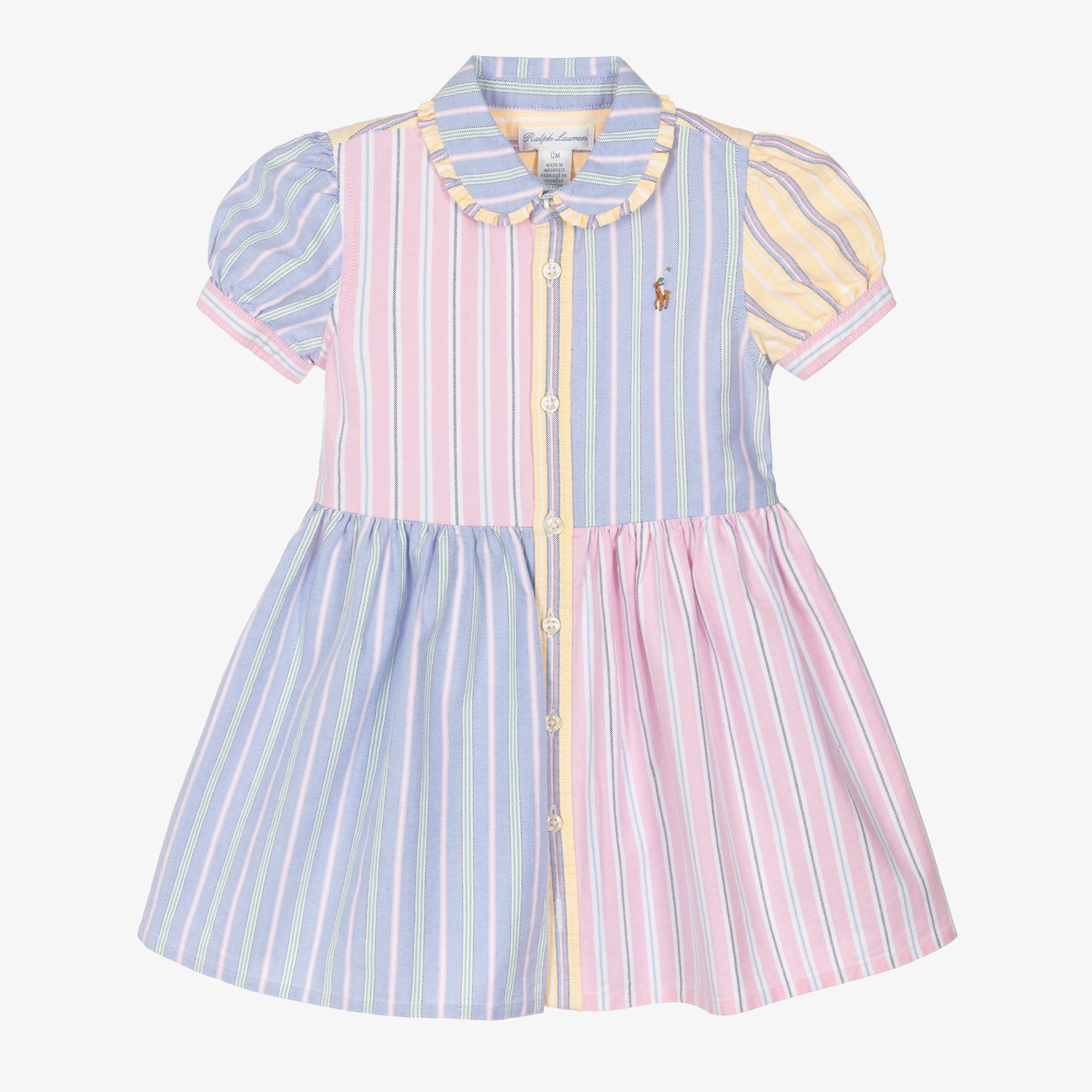 Baby Girls Pink & Blue Colourblock Stripe Cotton Dress - View 1