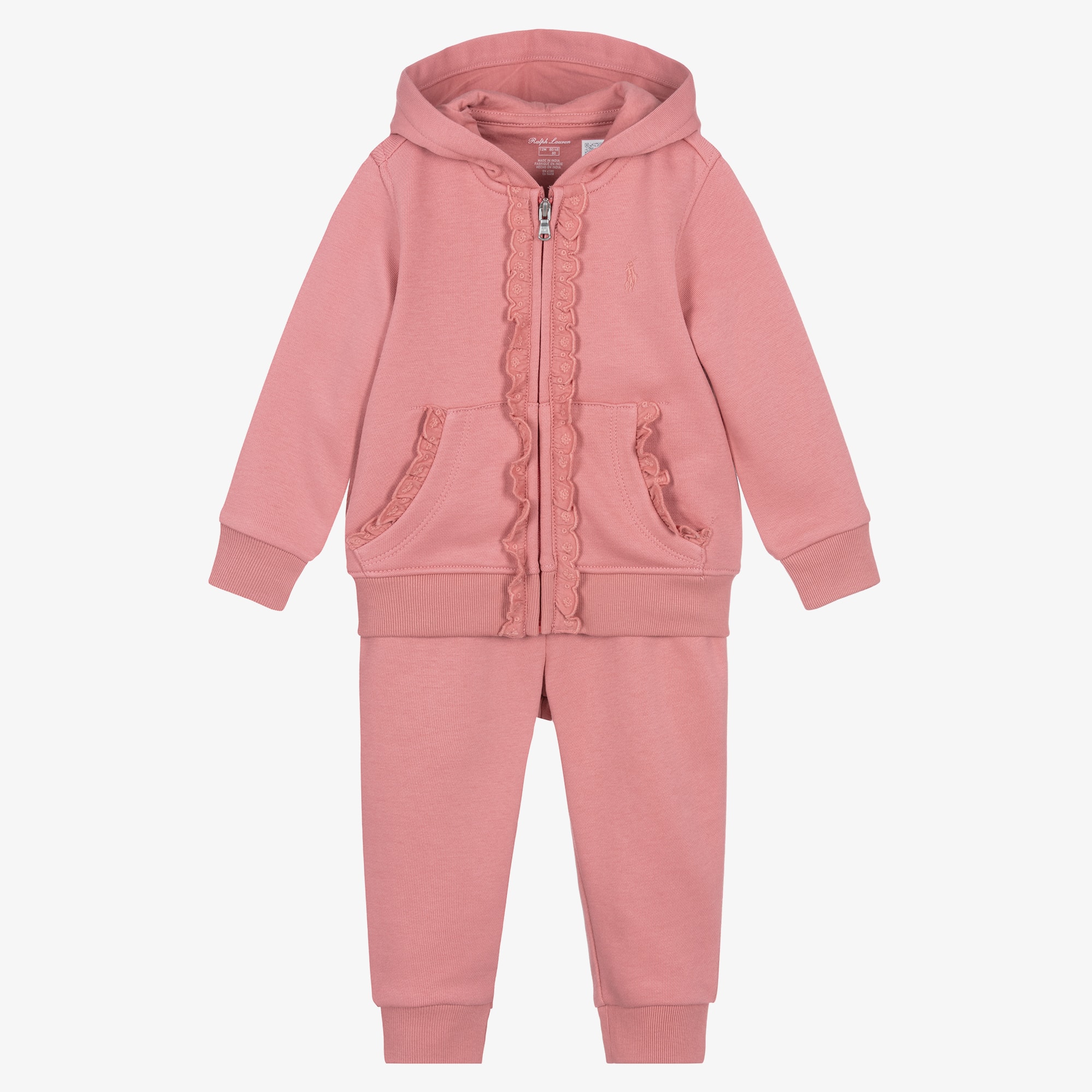 Baby Girls Pink Cotton Ruffle Tracksuit with Pony Logo - View 1