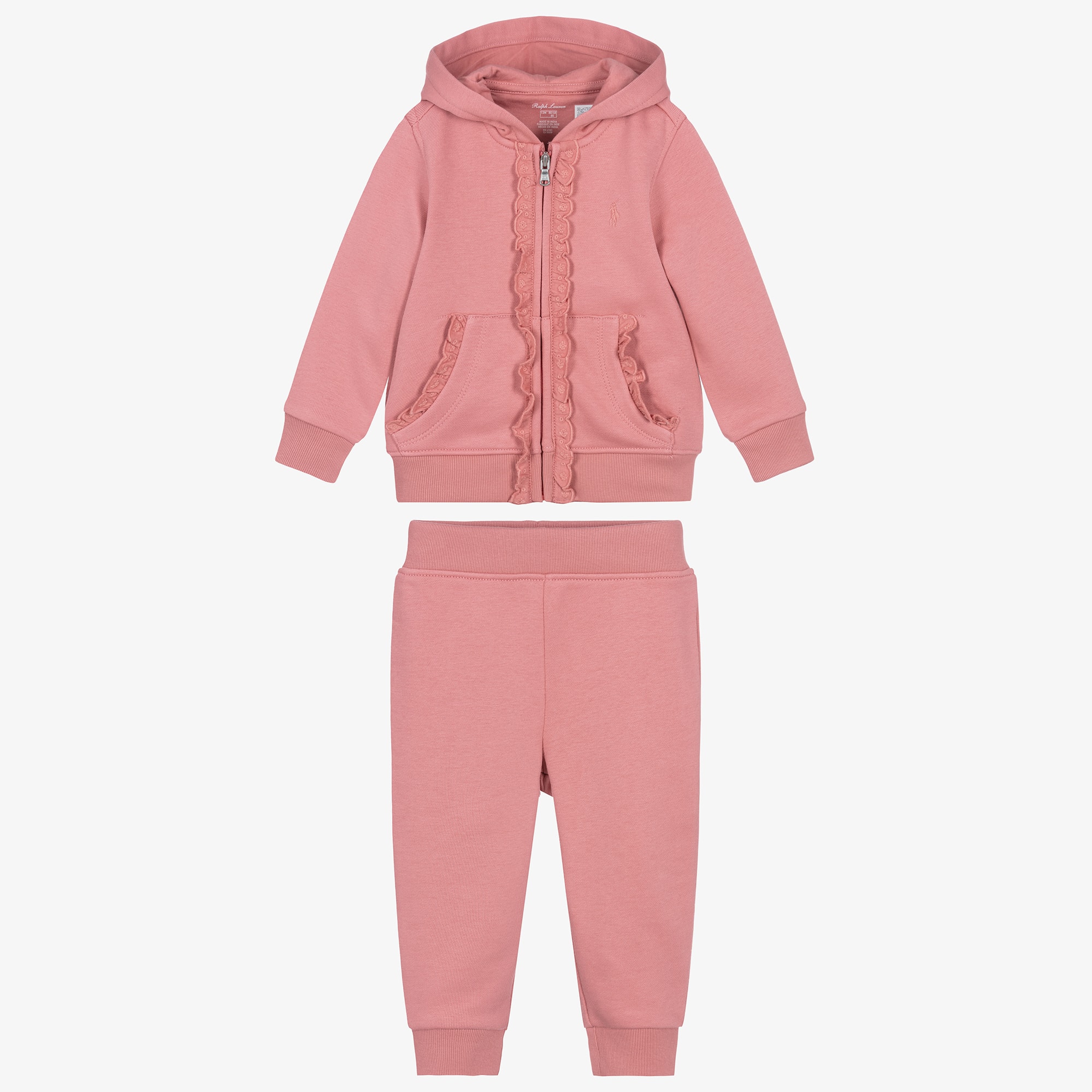 Baby Girls Pink Cotton Ruffle Tracksuit with Pony Logo - View 2