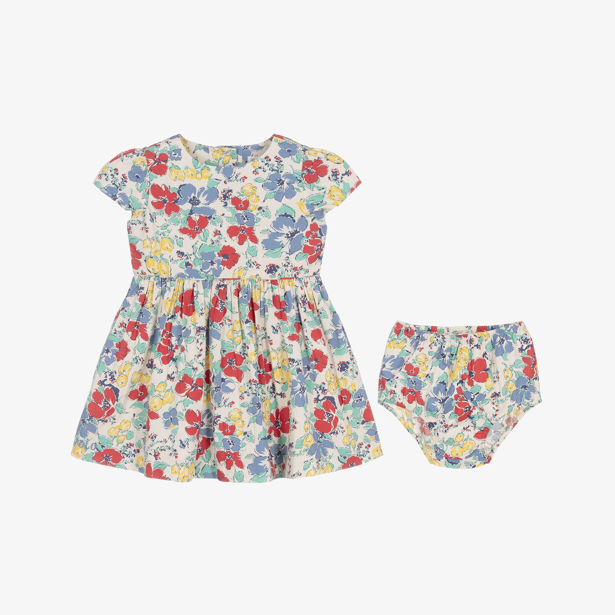 Baby Girls Red & Blue Cotton Floral Dress - View 3