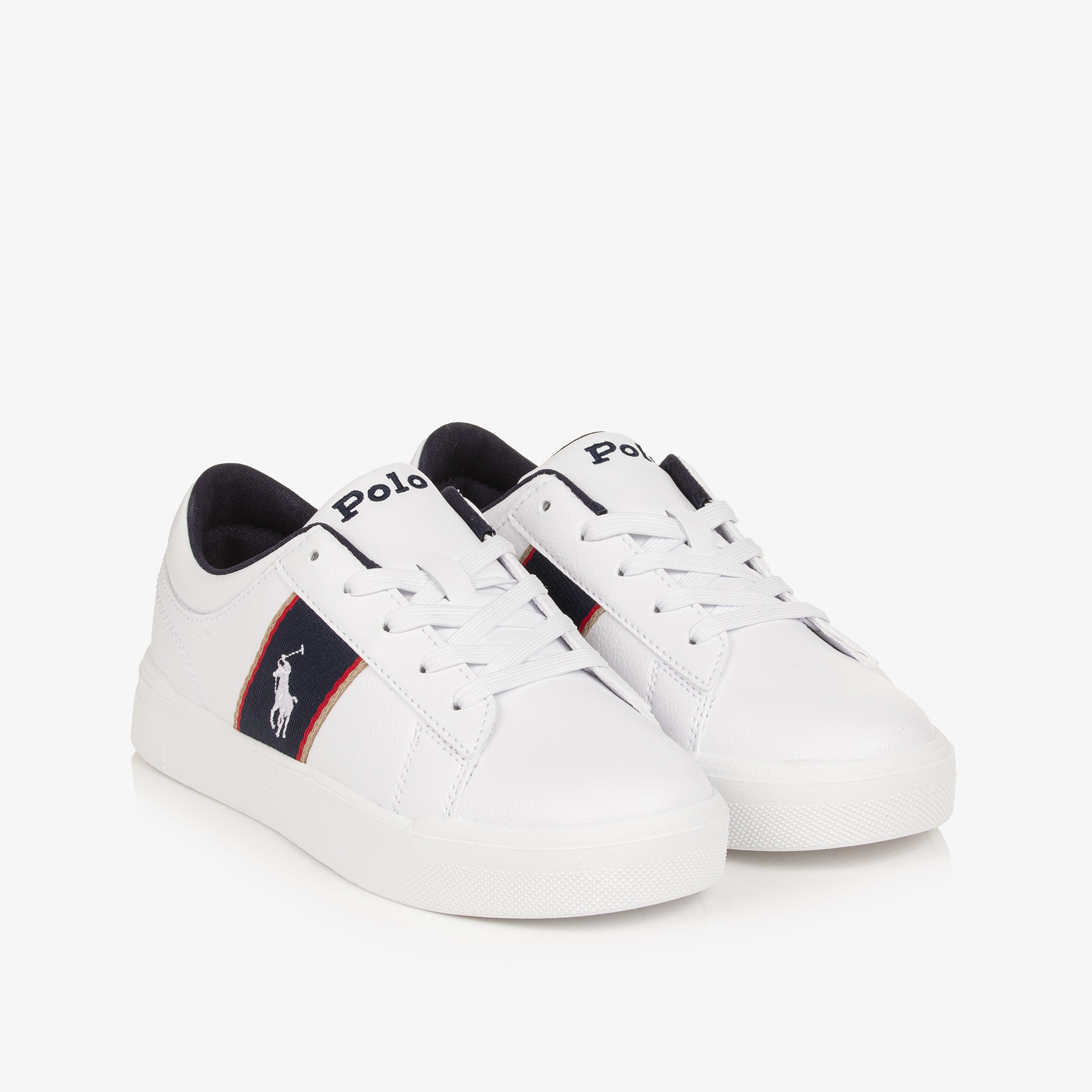 Boys White Faux Leather Lace-up Trainers with Navy Panels - View 1
