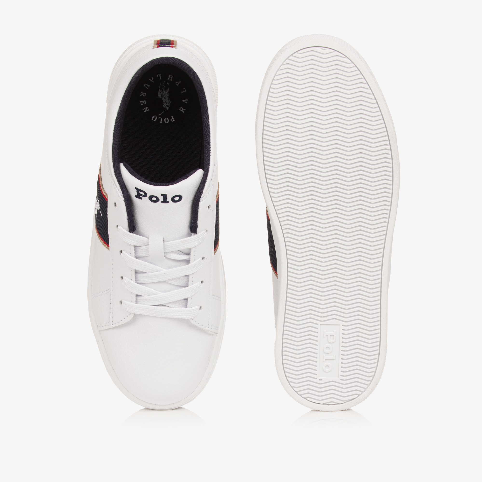 Boys White Faux Leather Lace-up Trainers with Navy Panels - View 3
