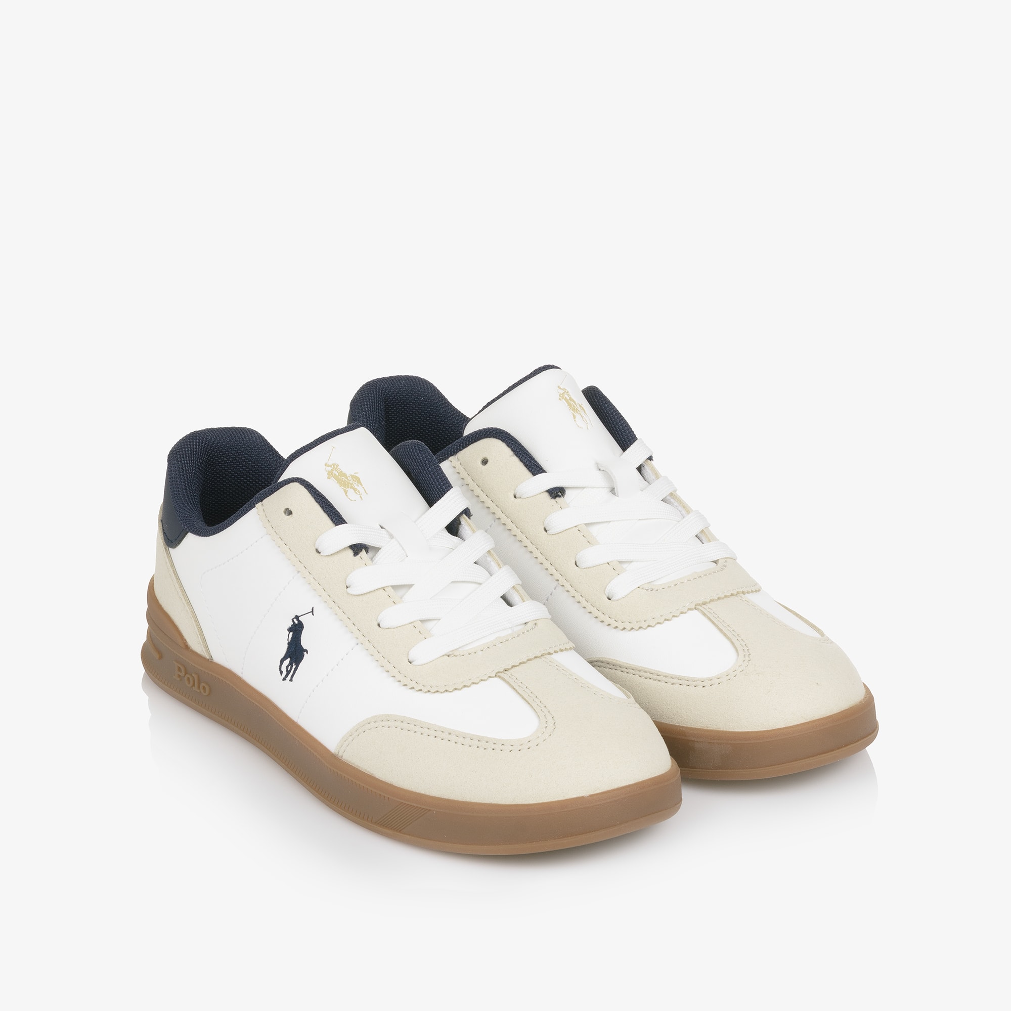 Boys White Lace Up Trainers with Beige Trims & Pony Logo - View 1
