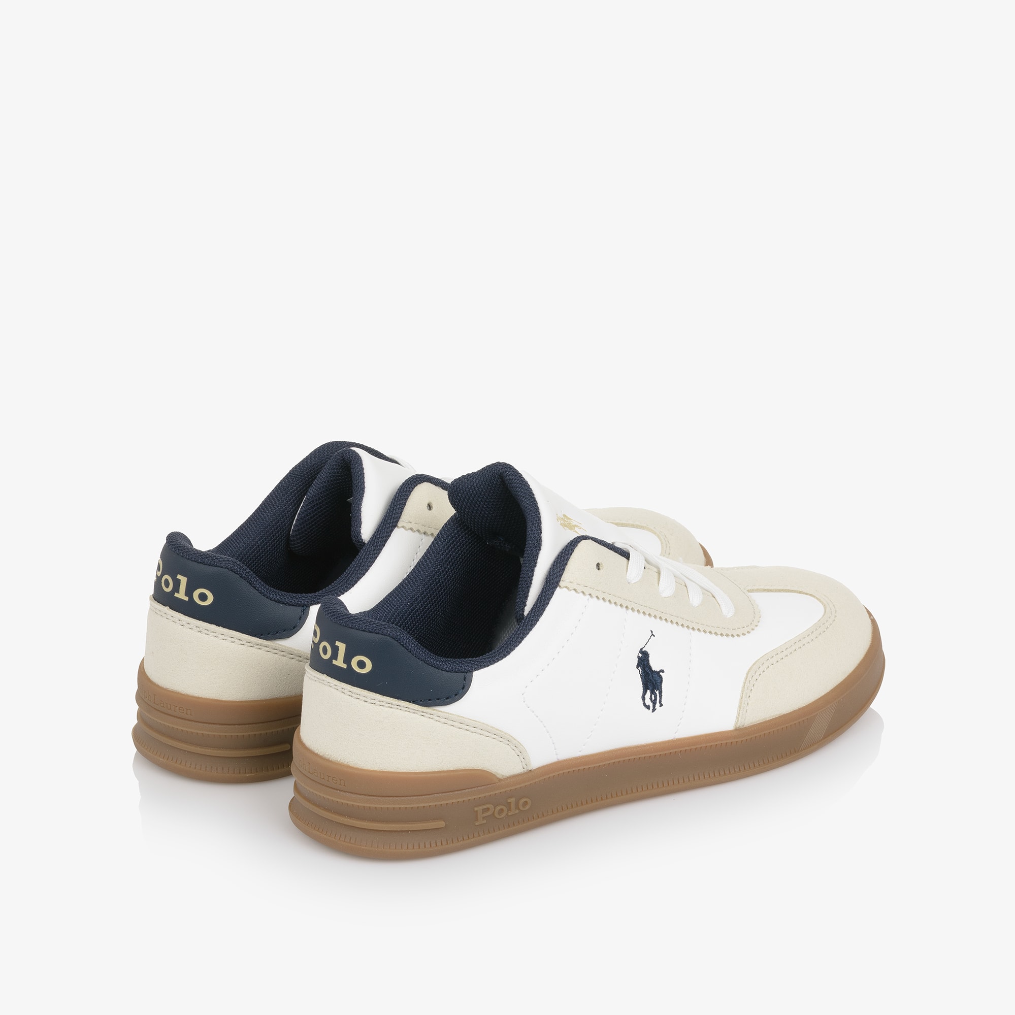 Boys White Lace Up Trainers with Beige Trims & Pony Logo - View 3
