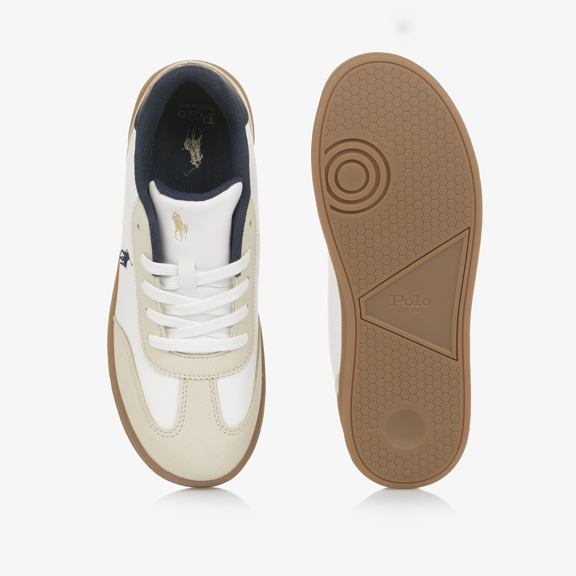 Boys White Lace Up Trainers with Beige Trims & Pony Logo - View 4