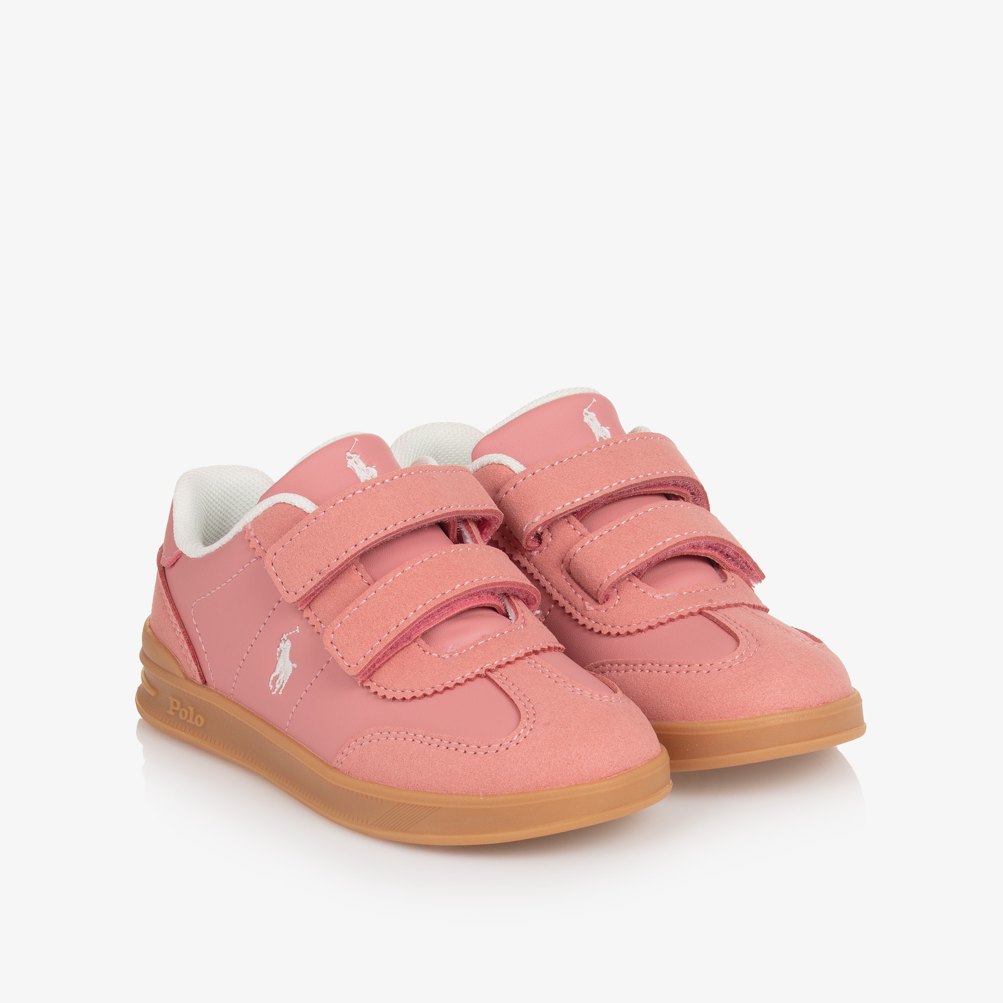 Girls Pink Faux Leather Velcro Trainers with Pony Logos - View 1