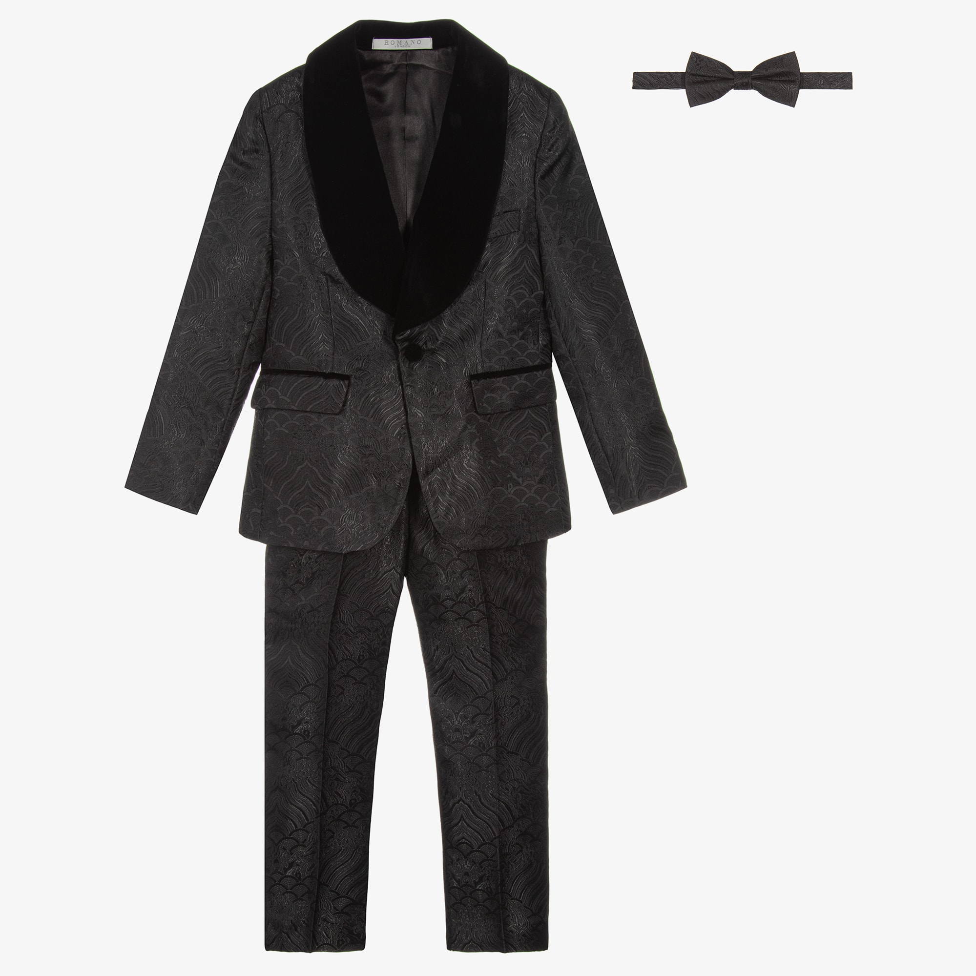 Boys Black Jacquard Suit with Bow Tie - View 1