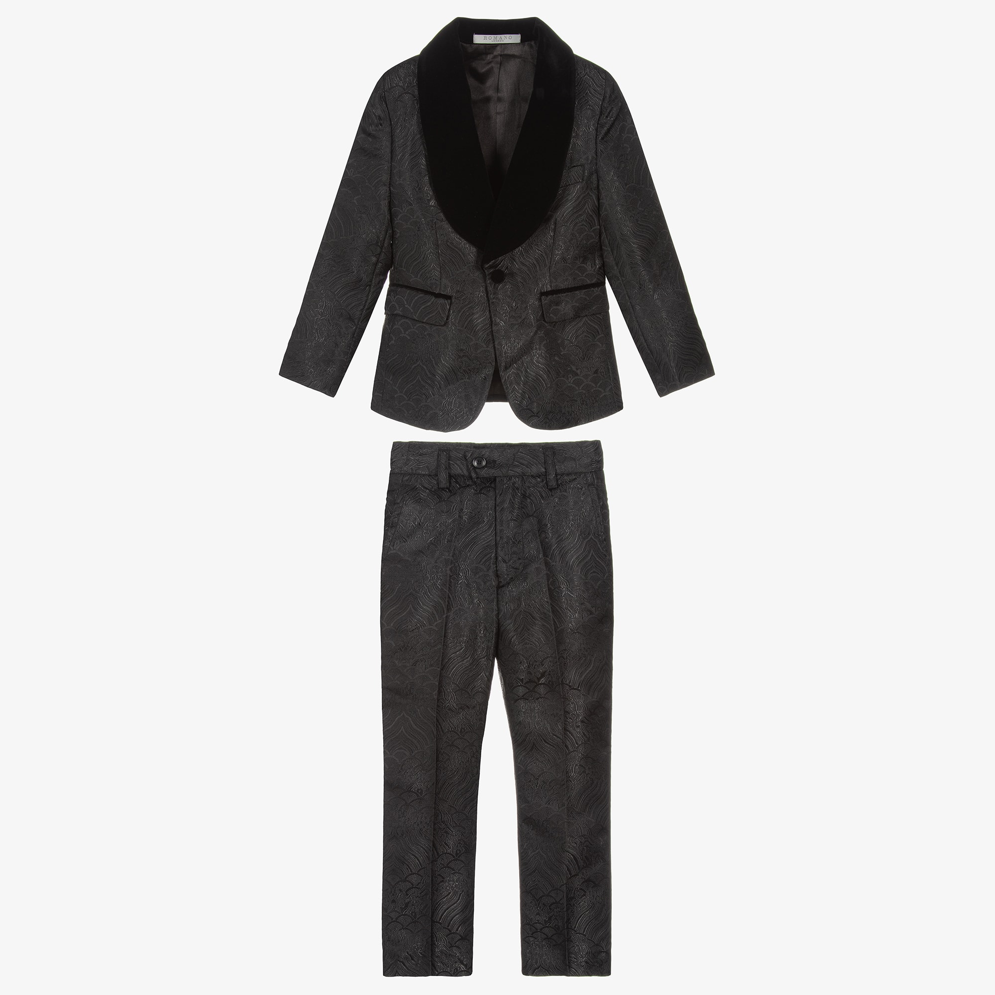 Boys Black Jacquard Suit with Bow Tie - View 2