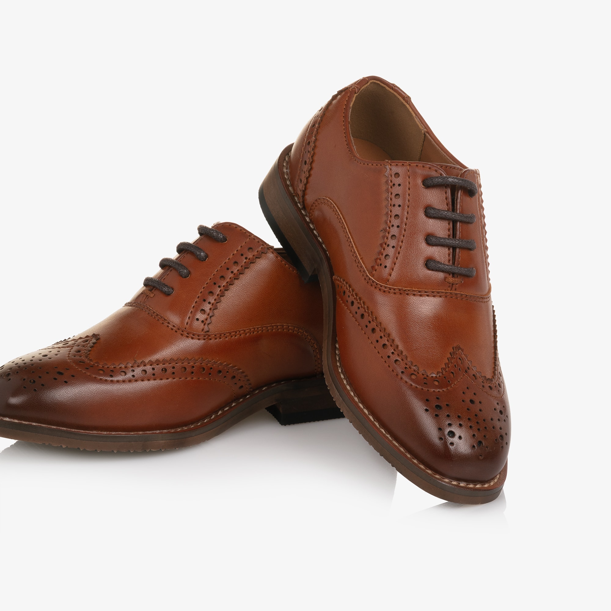 Boys Tan Brown Faux Leather Lace-Up Brogues - View 5