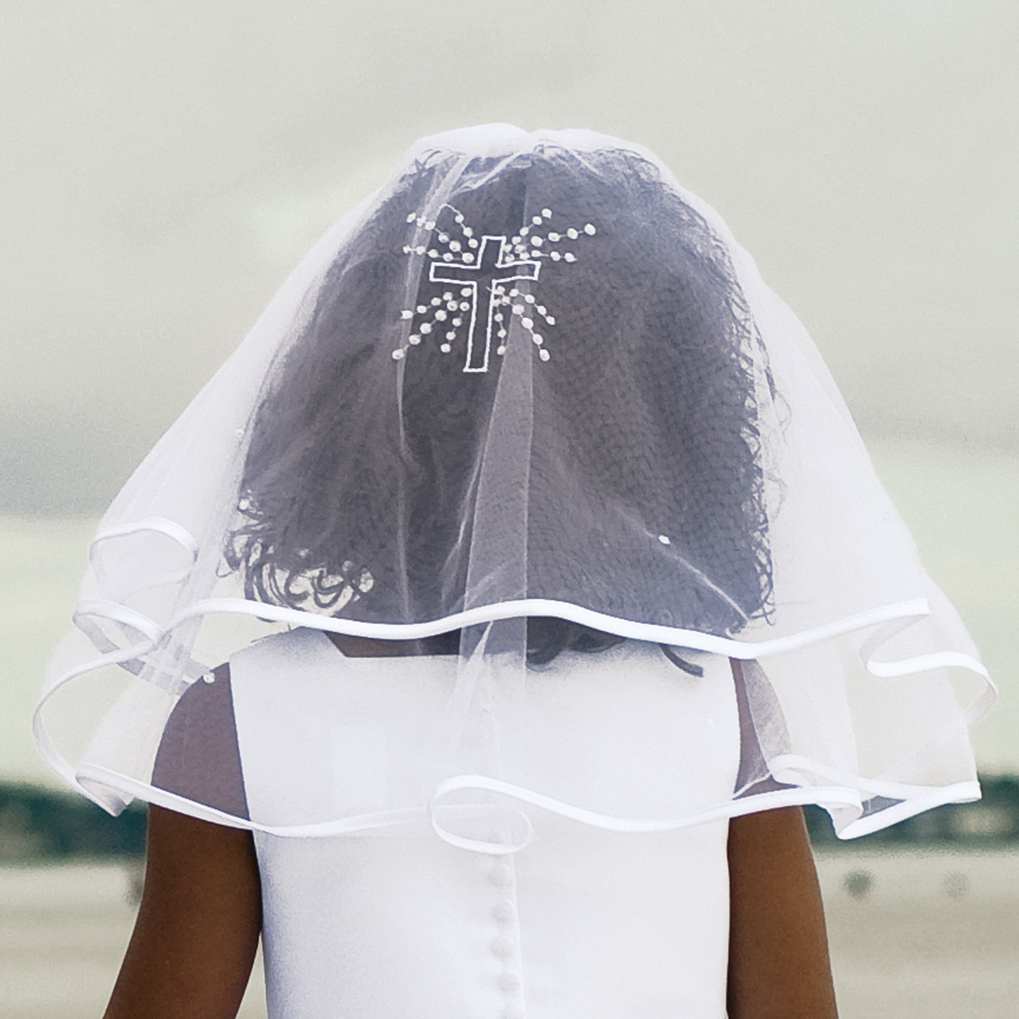 Girls White Embellished Tulle Communion Veil - View 2