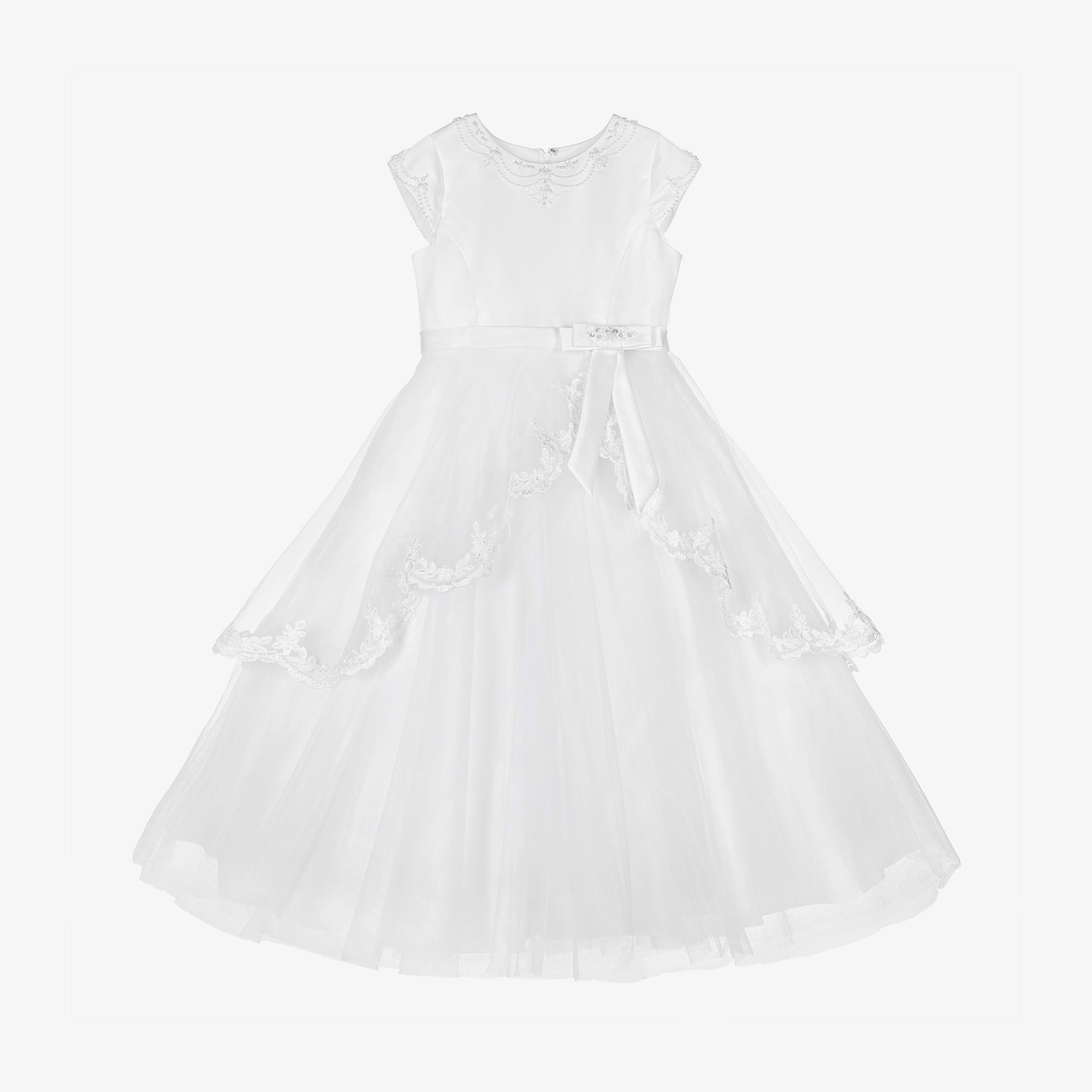 Girls White Tulle Communion Dress - View 1