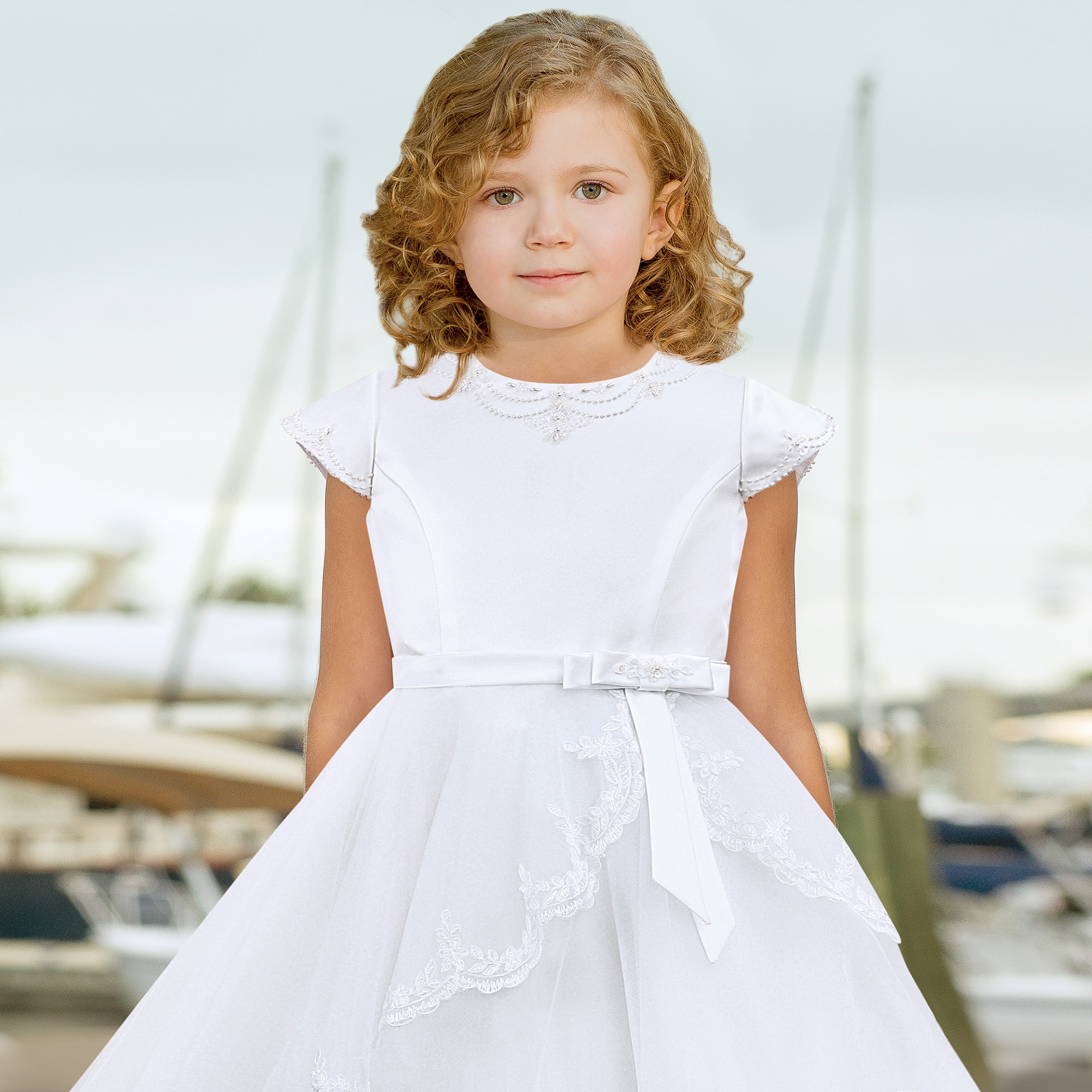 Girls White Tulle Communion Dress - View 2
