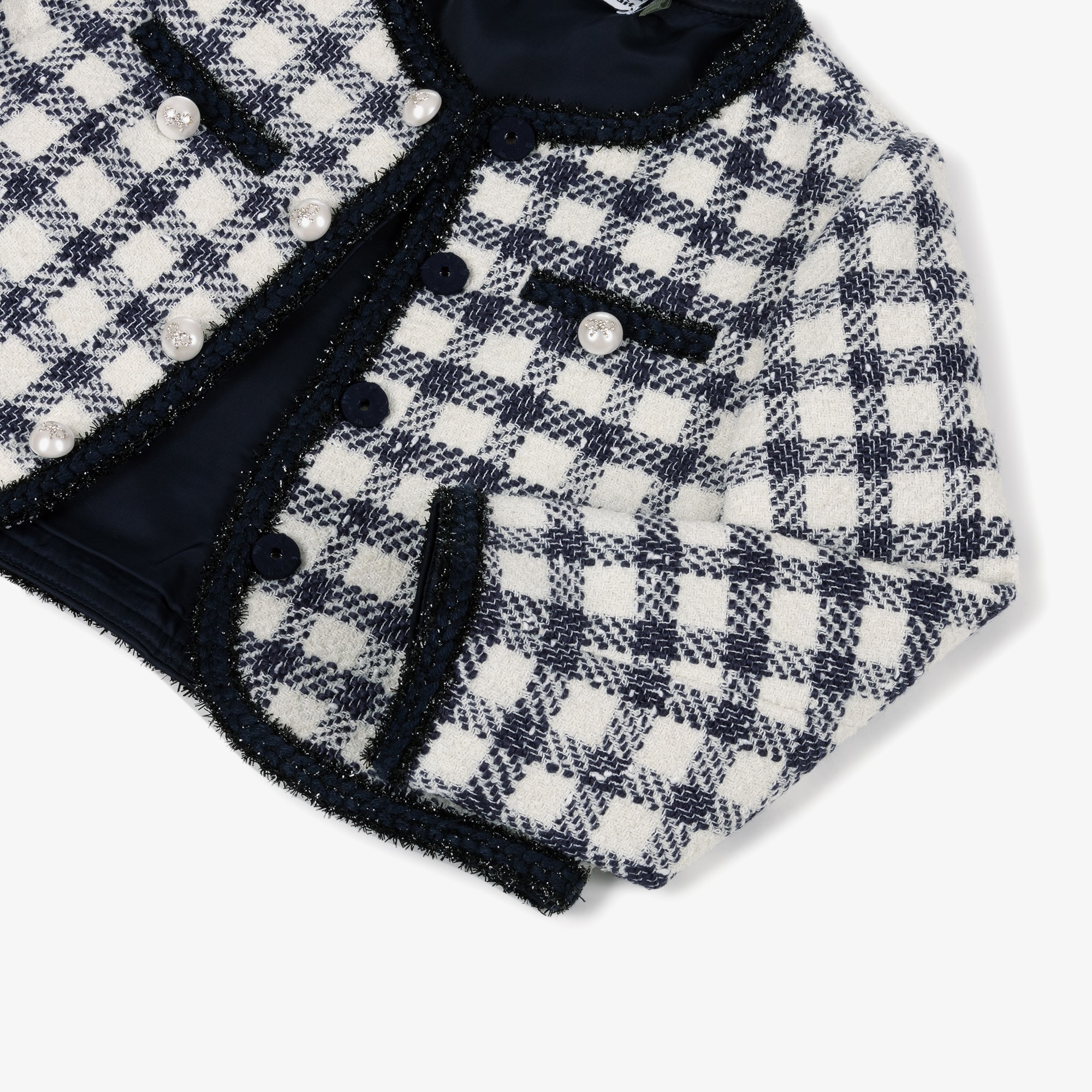 Girls Blue & Ivory Check Boucle Jacket with Pearl Logo Buttons - View 5