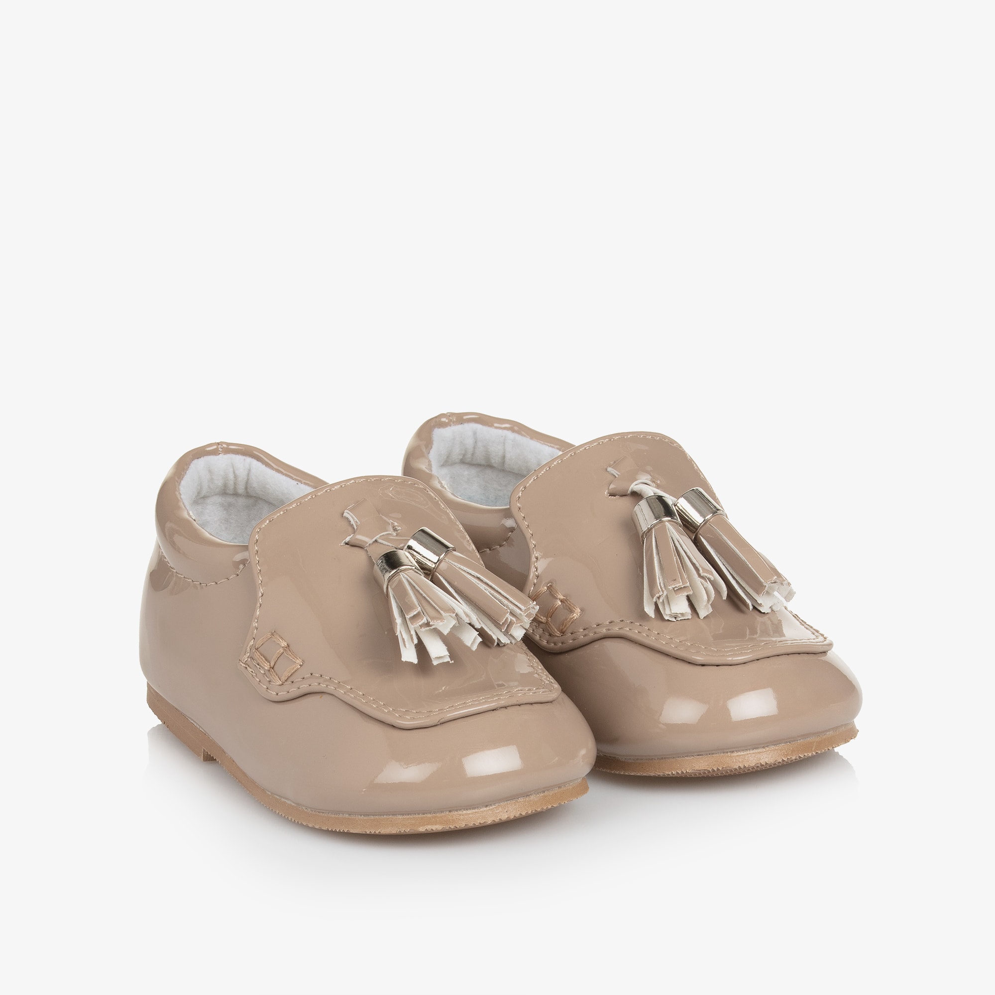 Boys Beige Faux Patent Leather First Walker Shoes - View 1