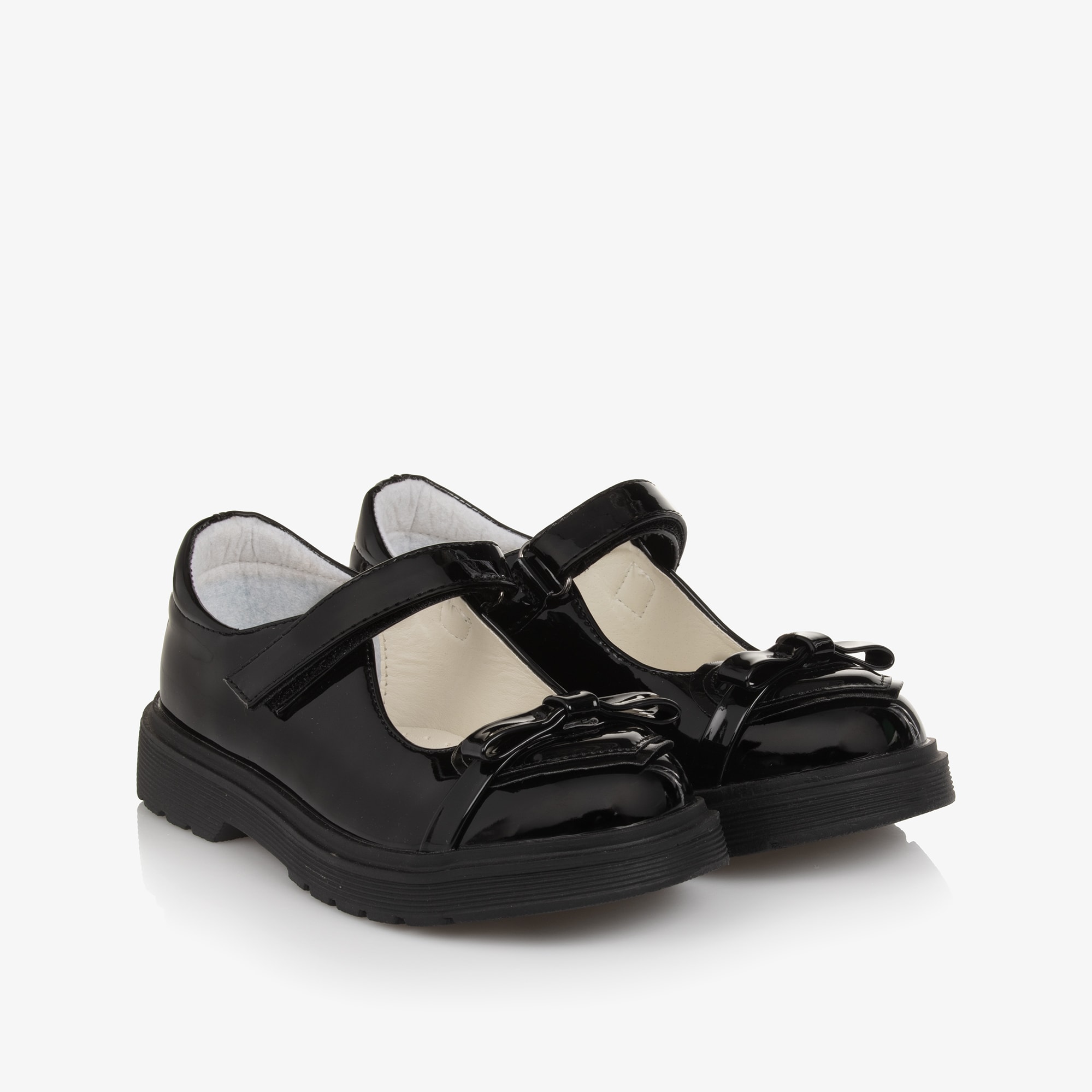 Girls Black Faux Patent Leather Bar Shoes with Heart - View 1