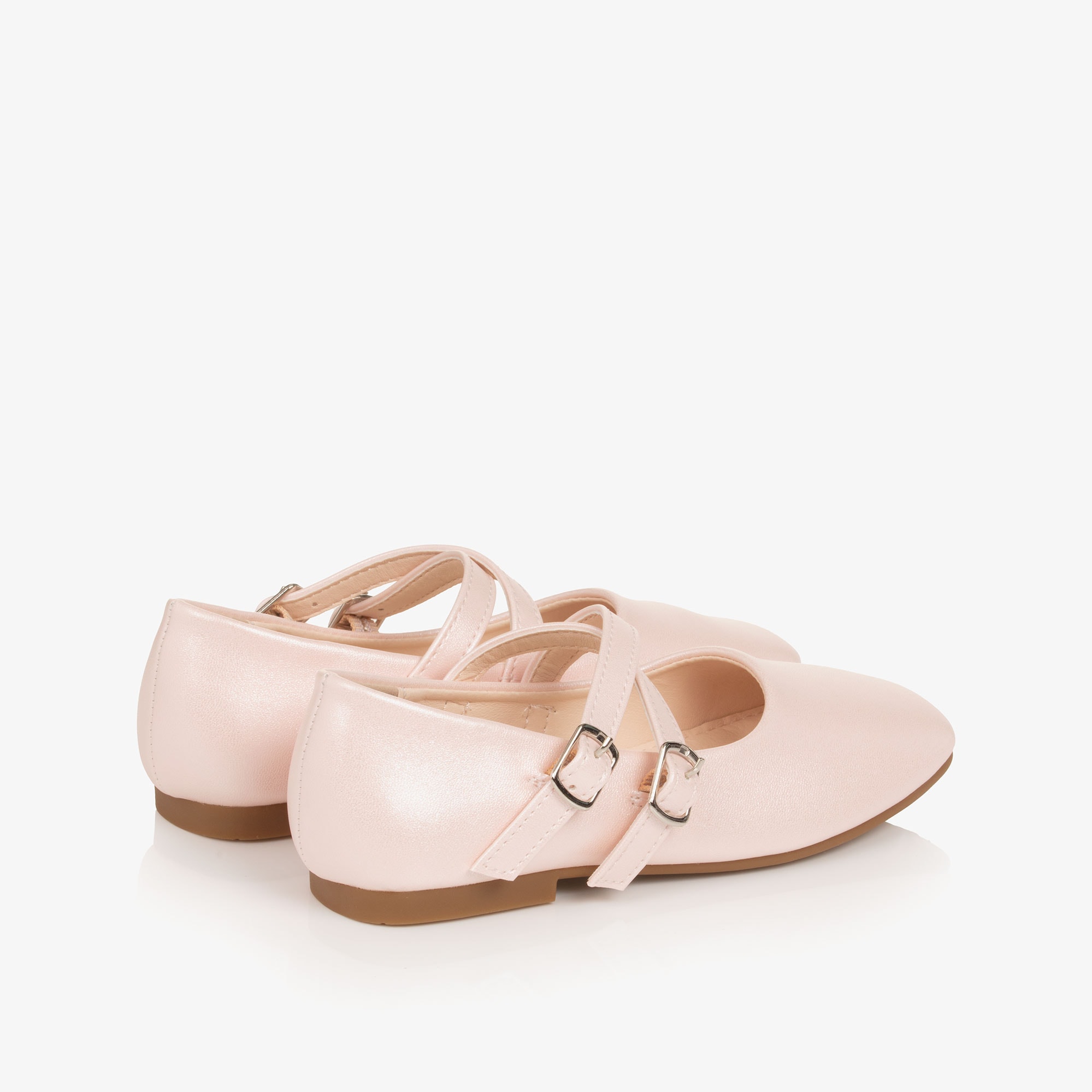 Girls White Faux Leather Double Strap Ballerina Flats - View 2