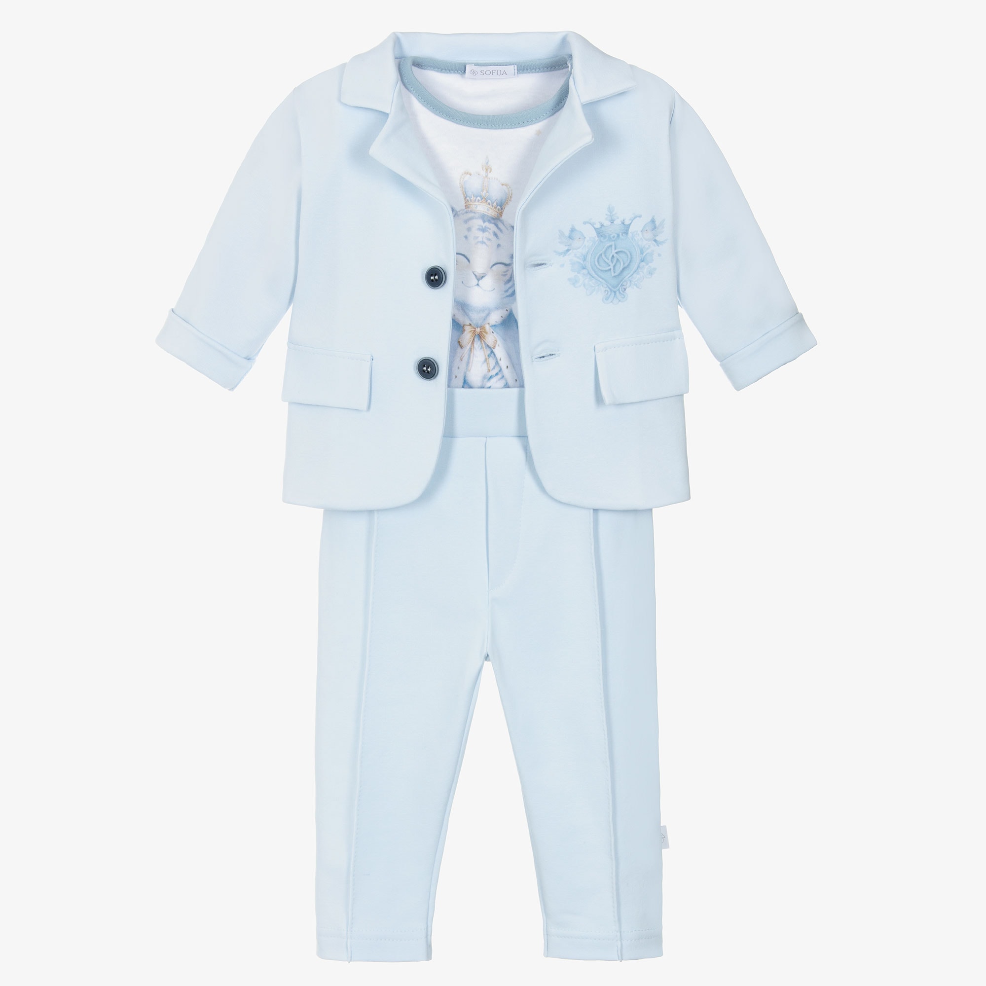 Boys Blue & White Cotton Jersey Monogram Logo Suit - View 1