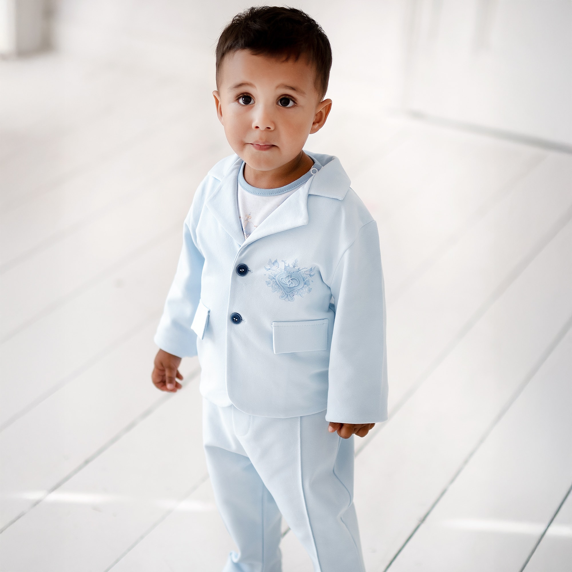 Boys Blue & White Cotton Jersey Monogram Logo Suit - View 2