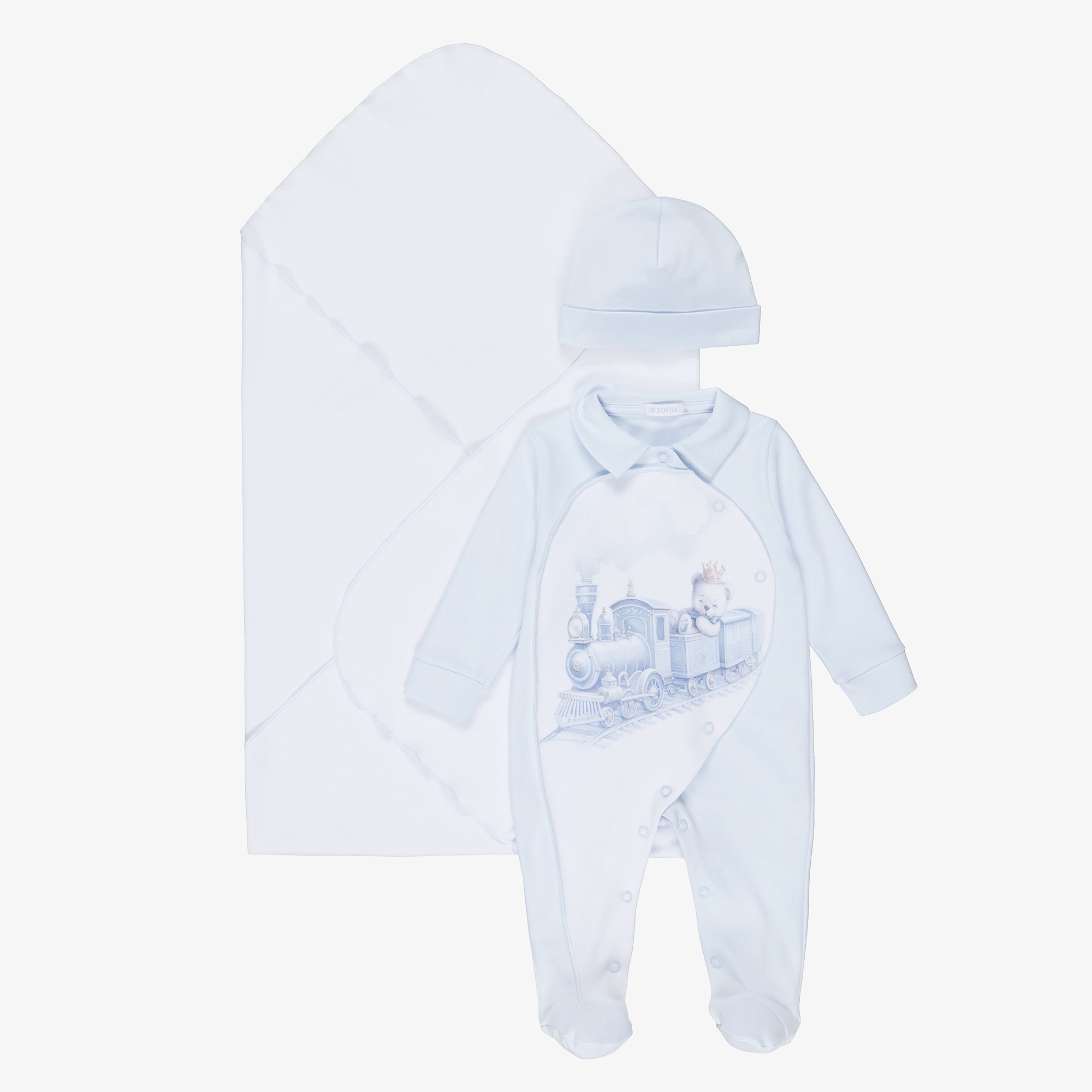 Boys White & Blue Cotton Teddy Print Babygrow Set - View 1